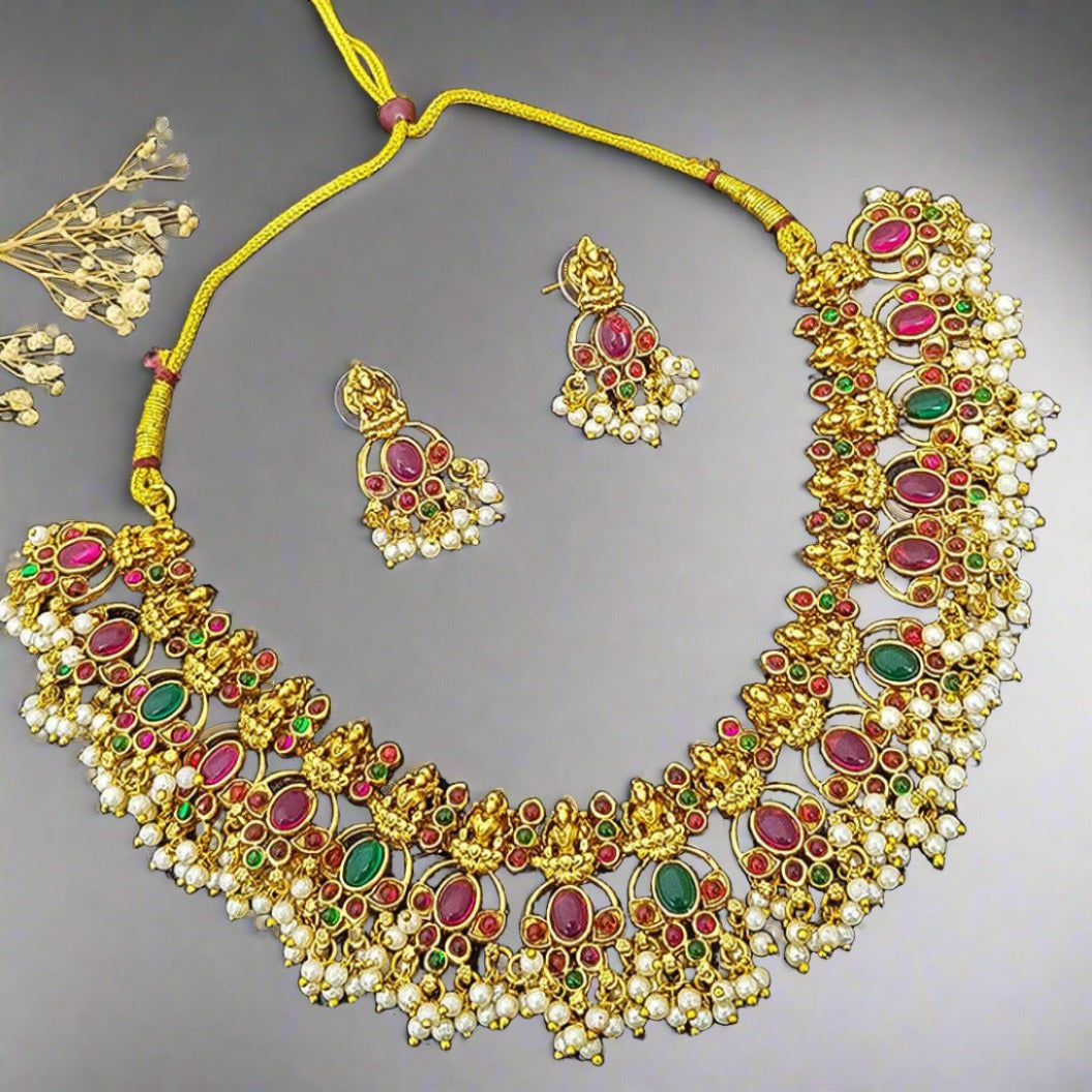 Gold Plated Multicolor Short Necklace Set 15193N-1
