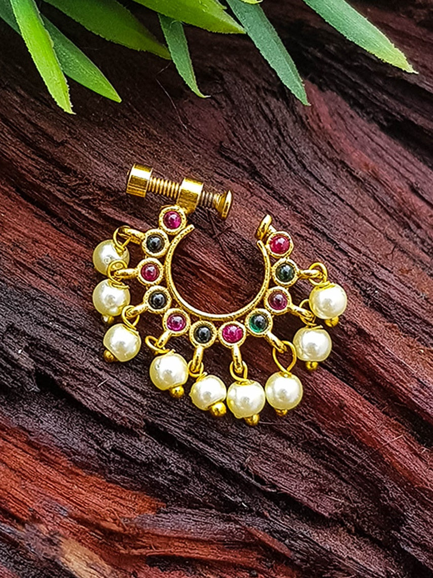 Gold Plated Nosepin / Nath with pearl hanging 13515N