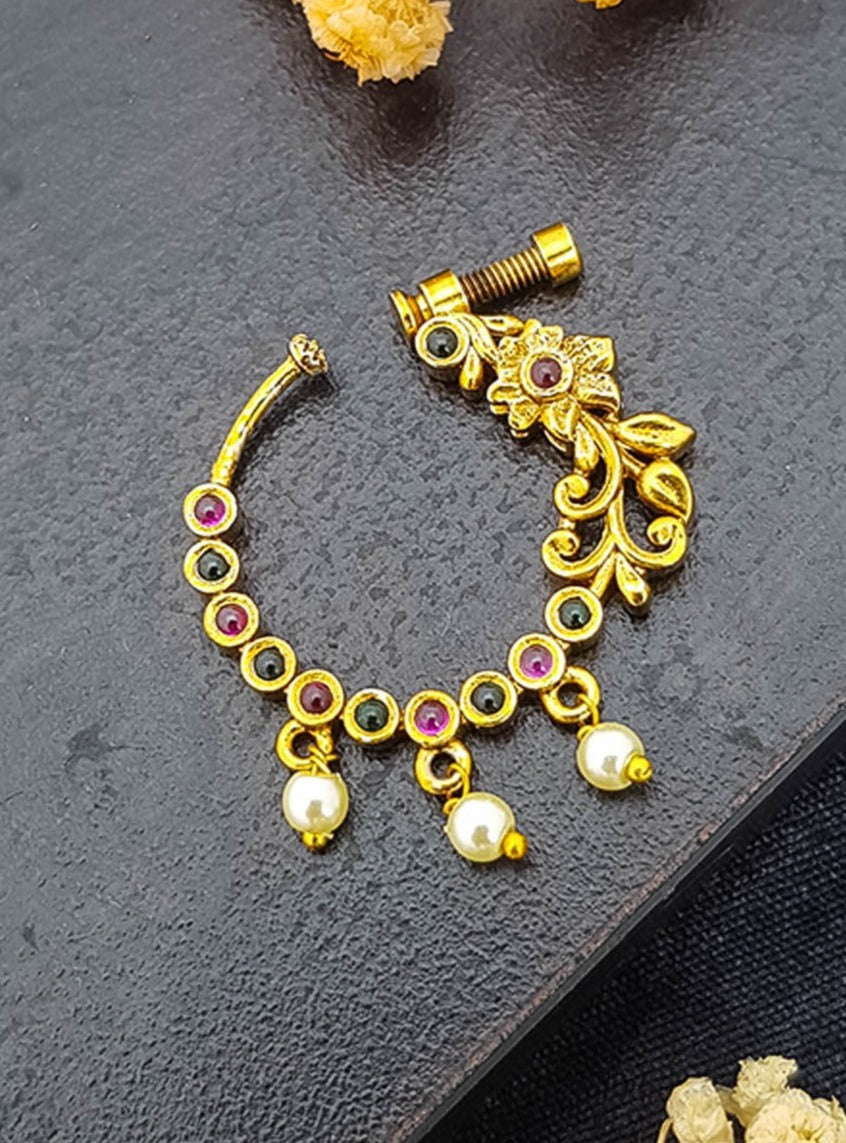 Gold Plated Nosepin / Nath with pearl hanging 13516N