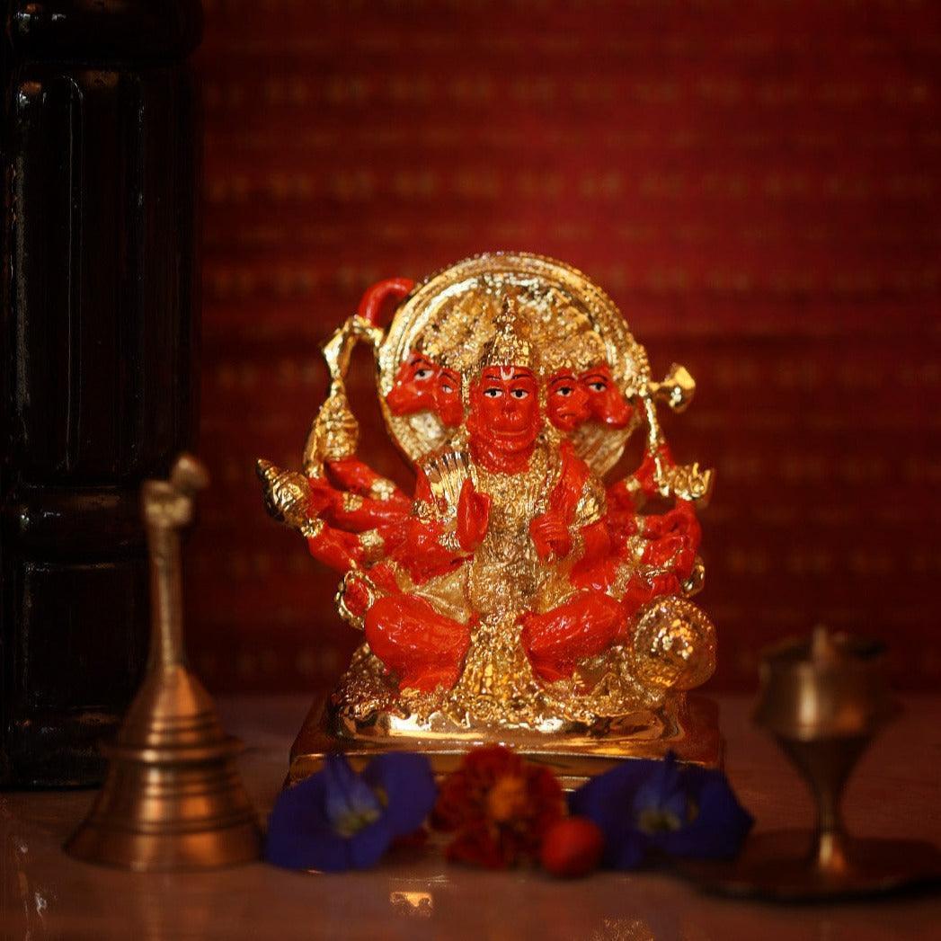Gold Plated Panchamuki Hanuman Gold Plated Marble idol Height 10cm - Griiham