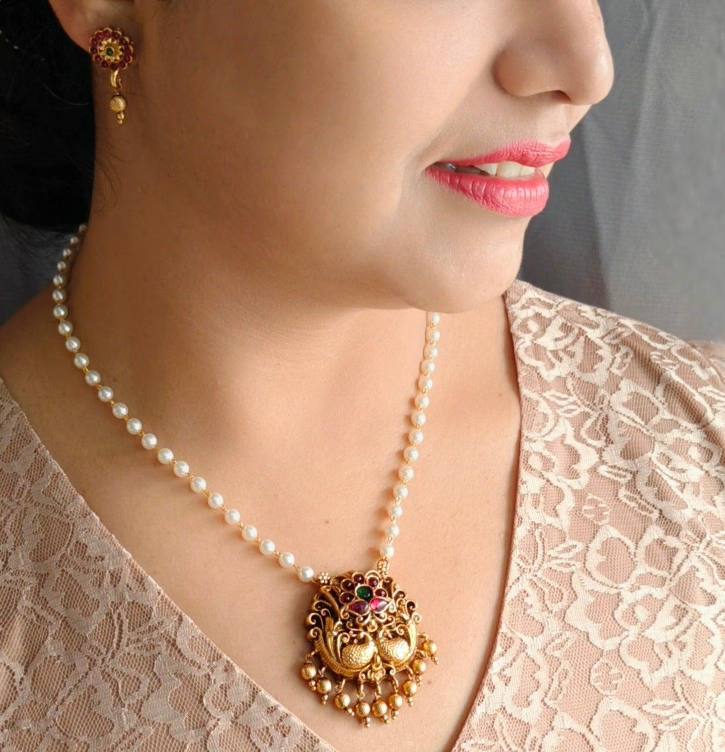 Gold Plated Pendant set with pearl mala - Griiham
