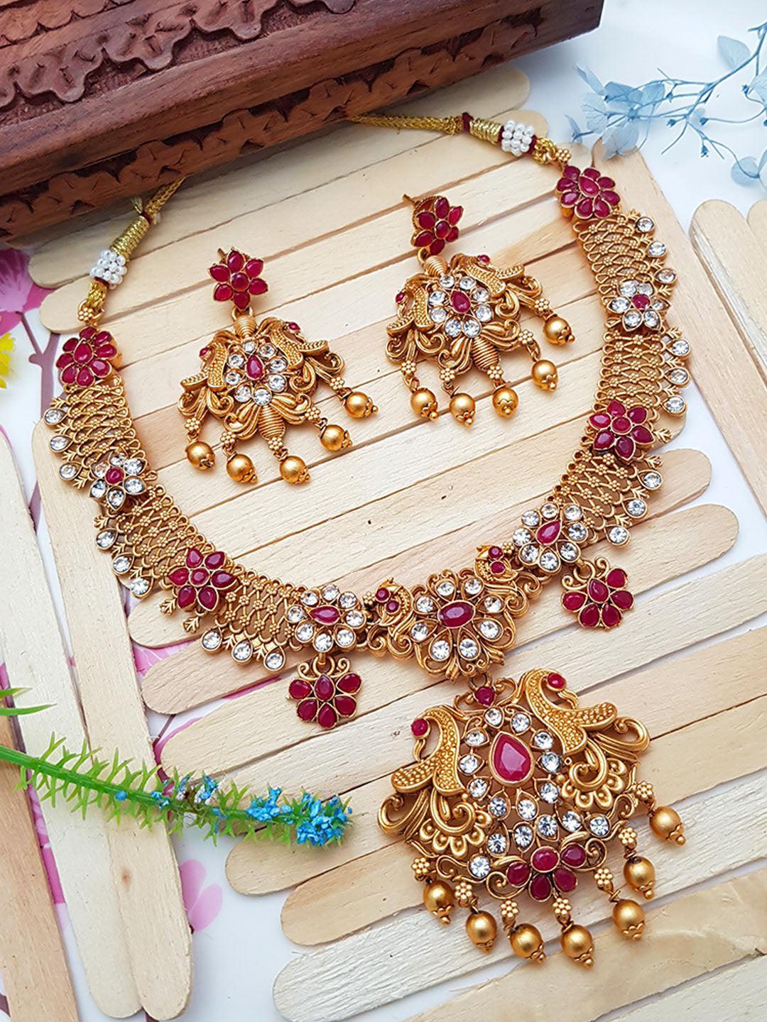 Gold Plated Premium Finish Peacock motif Necklace Set with Multi Color stones 6701N-Necklace Set-Griiham-Ruby Red-Griiham