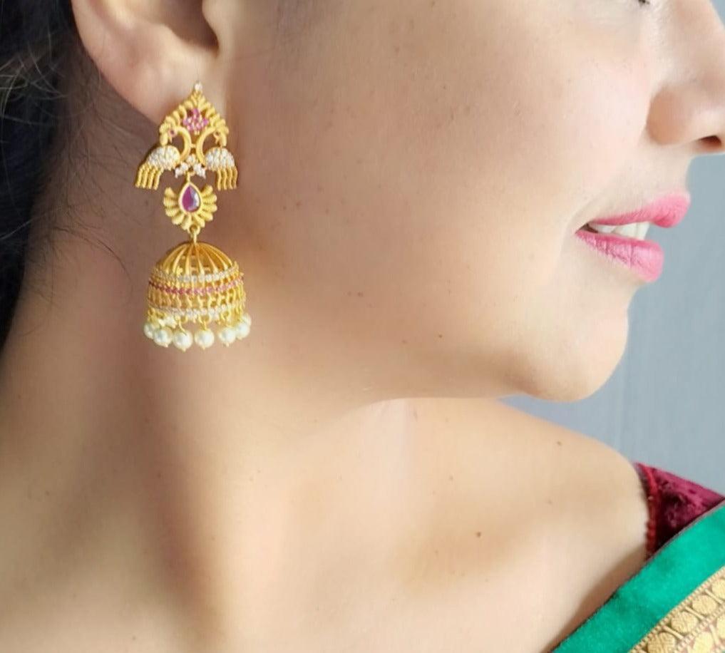 Gold Plated Real Kemp Stone Earrings Jhumka