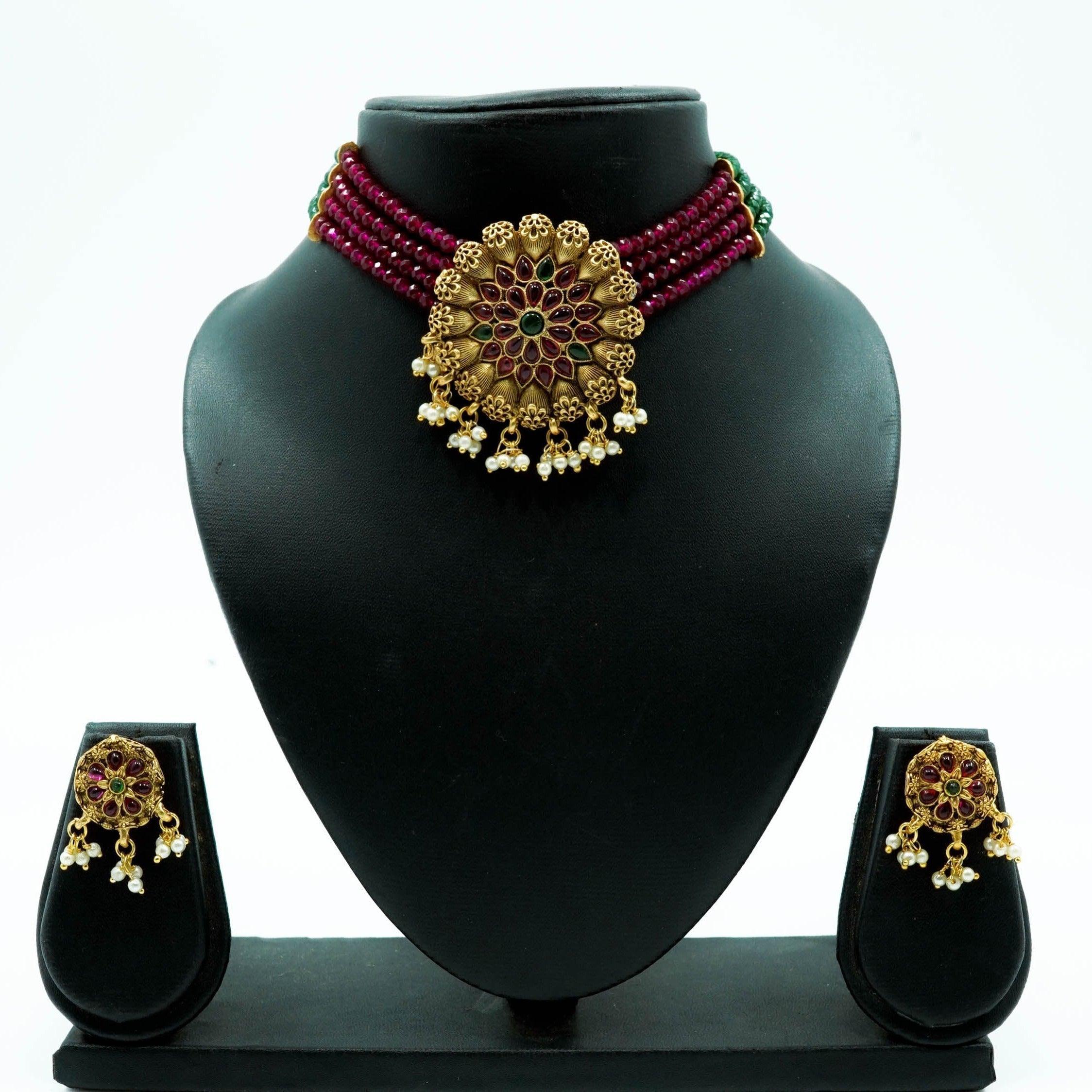 Gold Plated Royal Short Multicolor crystal Choker Necklace set 10383N - Griiham