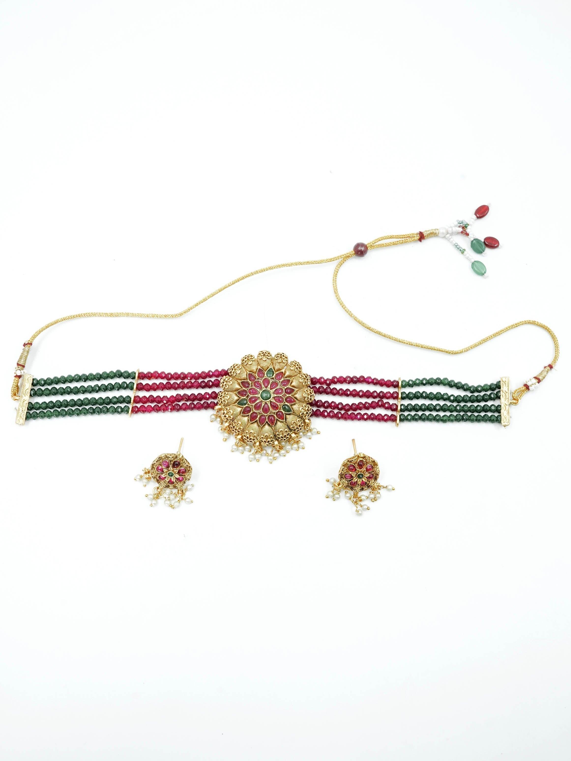 Gold Plated Royal Short Multicolor crystal Choker Necklace set 10383N - Griiham
