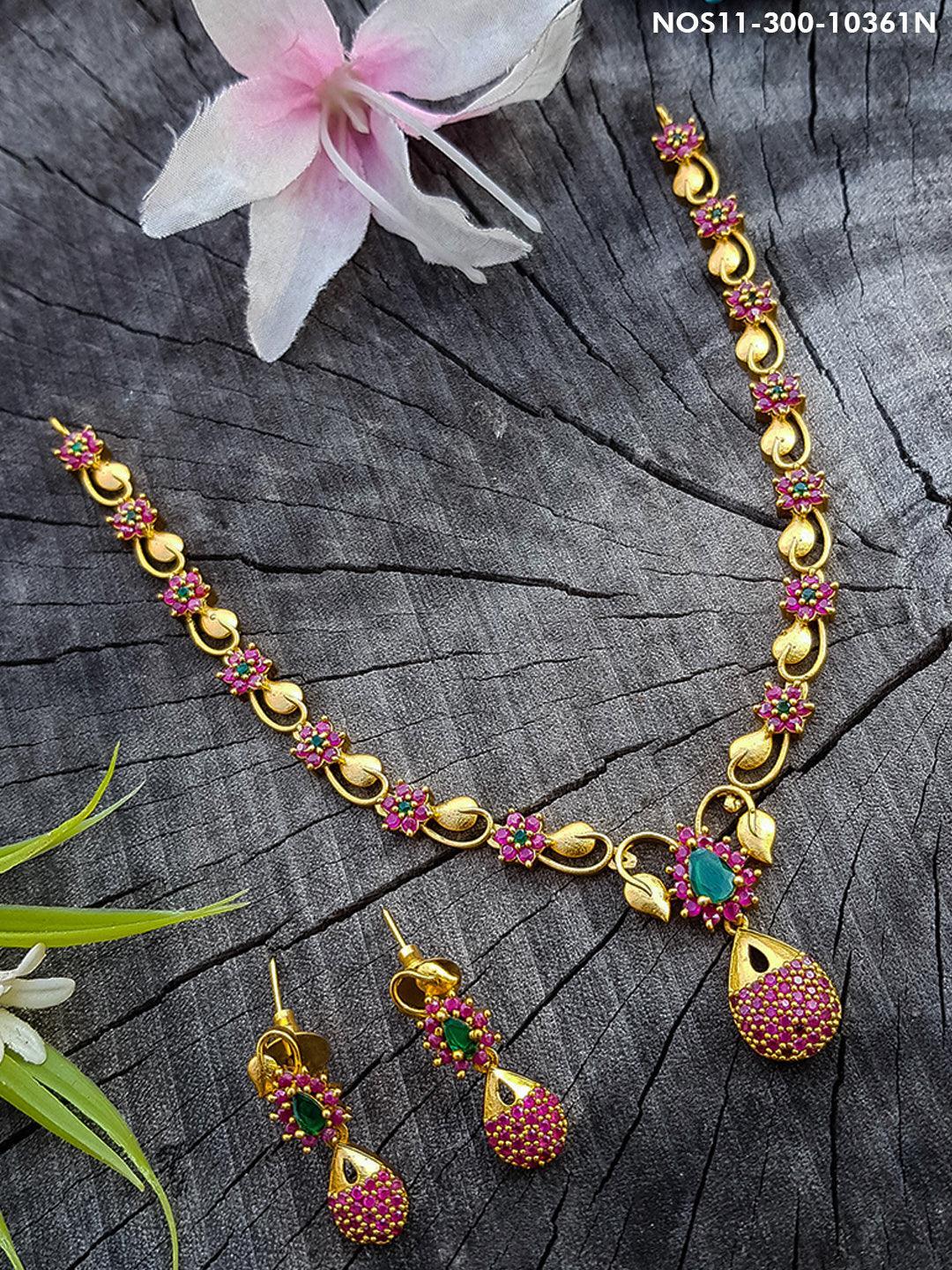 Gold Plated Sayara Collections Cute CZ Necklace Set with diff colours 10361N - Griiham