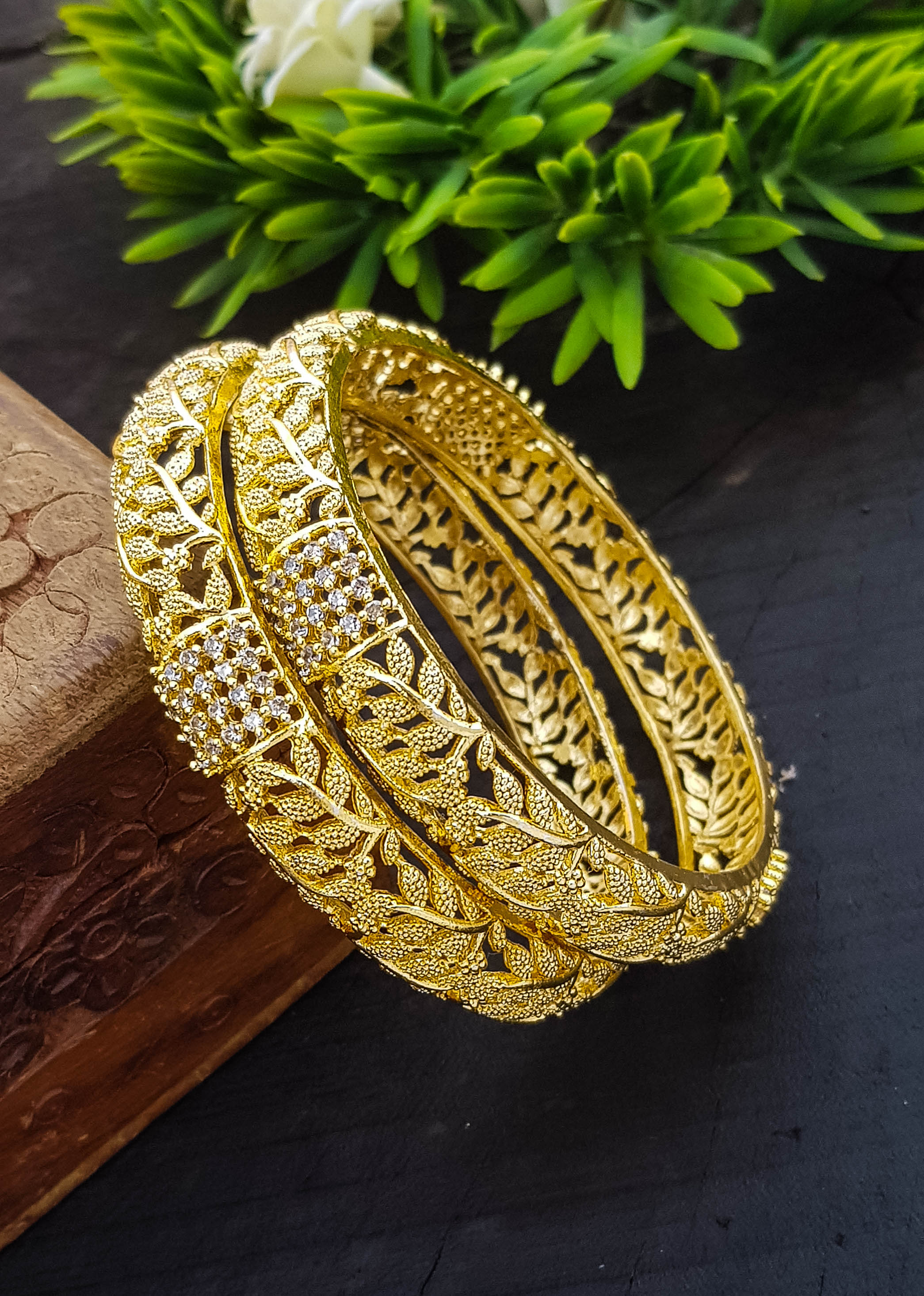 Gold Plated Set of 2 Bangles with CZ stones 18982C
