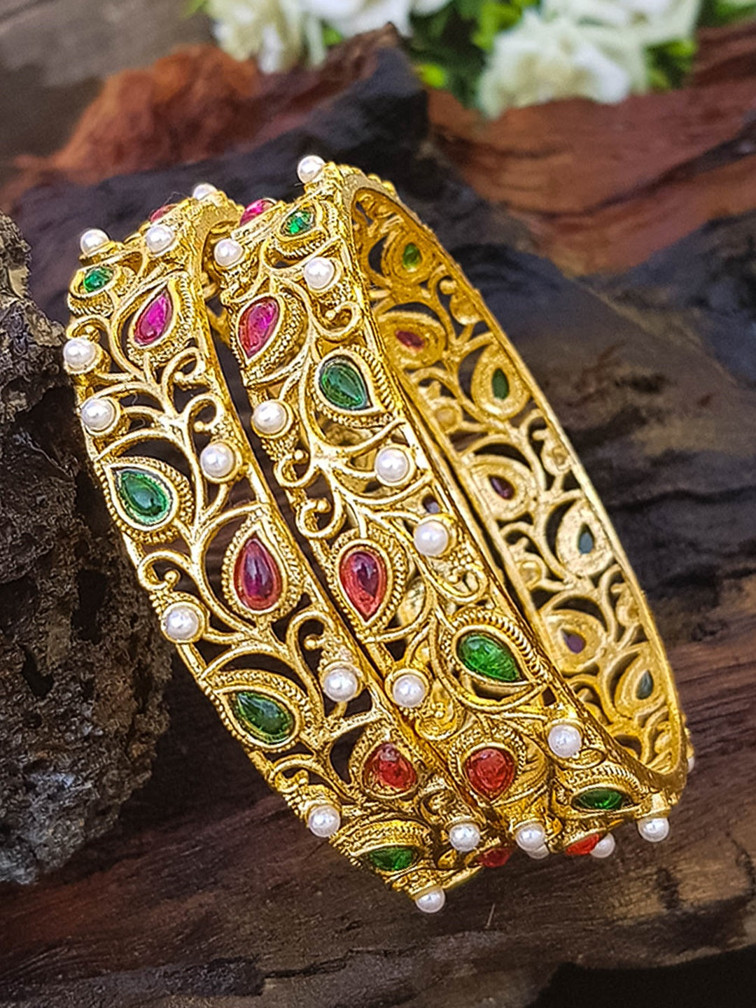 Gold Plated Set of 2 Bangles with Stones Studded 13342A