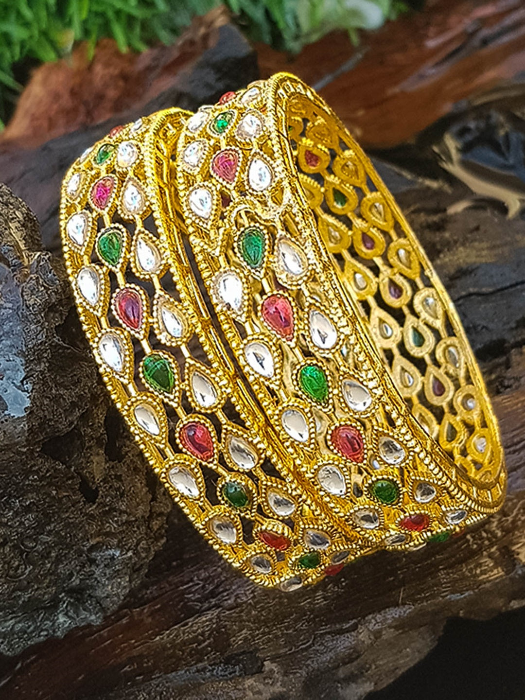 Gold Plated Set of 2 Bangles with Stones Studded 13345A