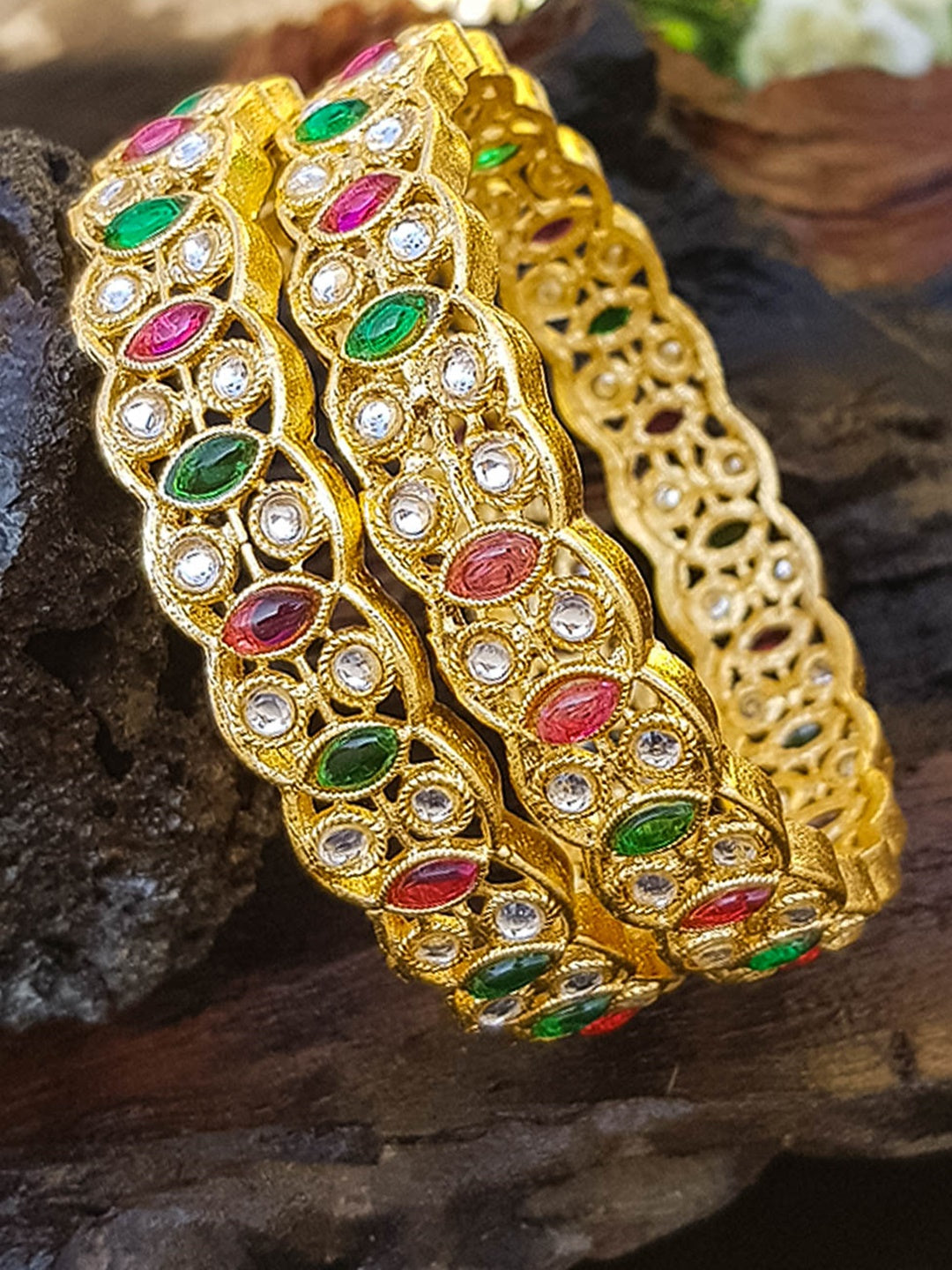 Gold Plated Set of 2 Bangles with Stones Studded 13348A