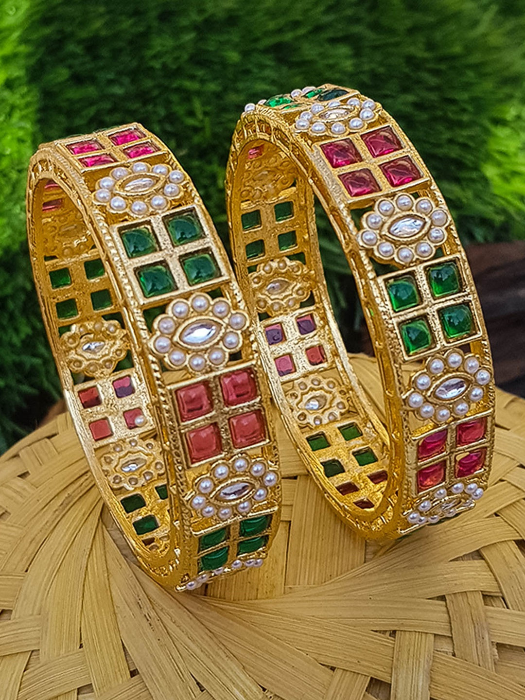 Gold Plated Set of 2 Bangles with Stones Studded 13354A