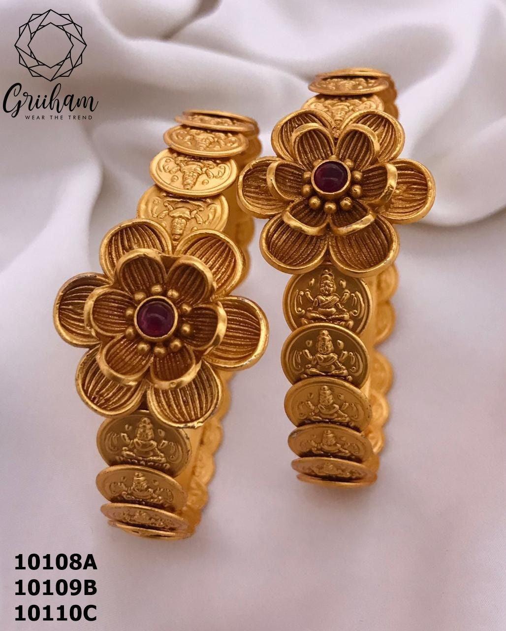 Gold Plated Set of 2 Kasu Bangles with stones 10108A - Griiham