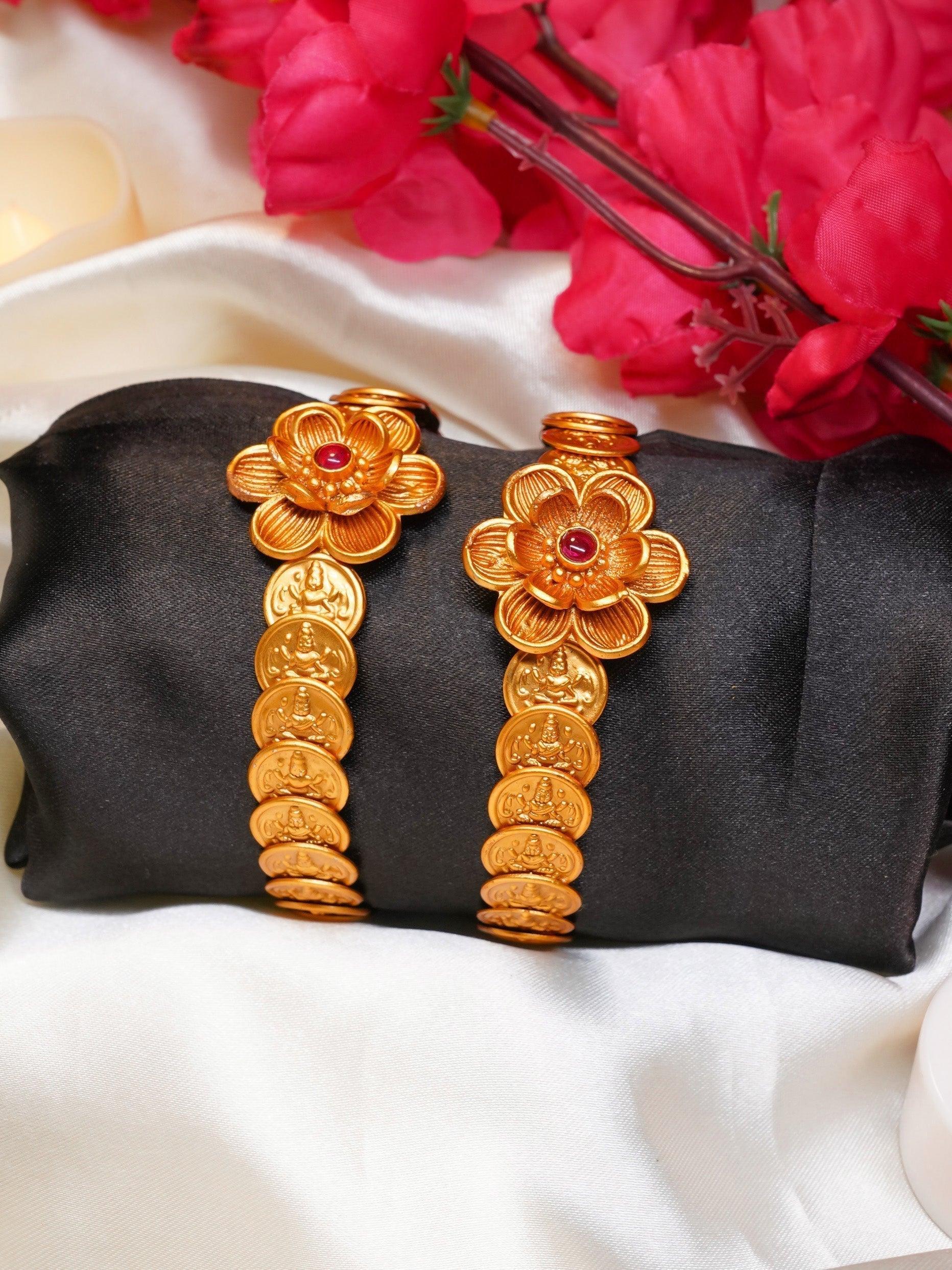 Gold Plated Set of 2 Kasu Bangles with stones 10108A - Griiham