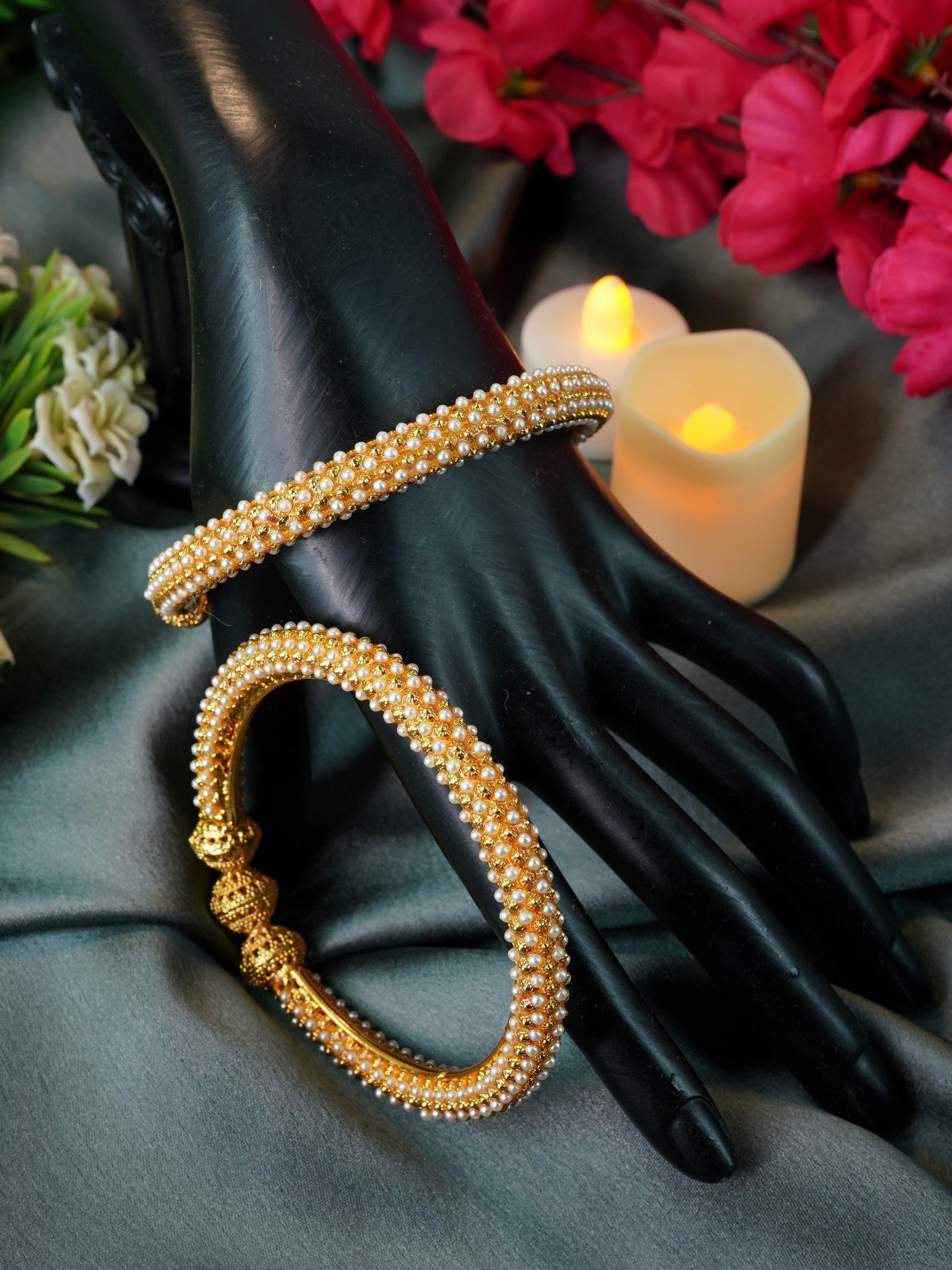 Gold Plated Set of 2 Pearl Bangles with stones 10117A - Griiham