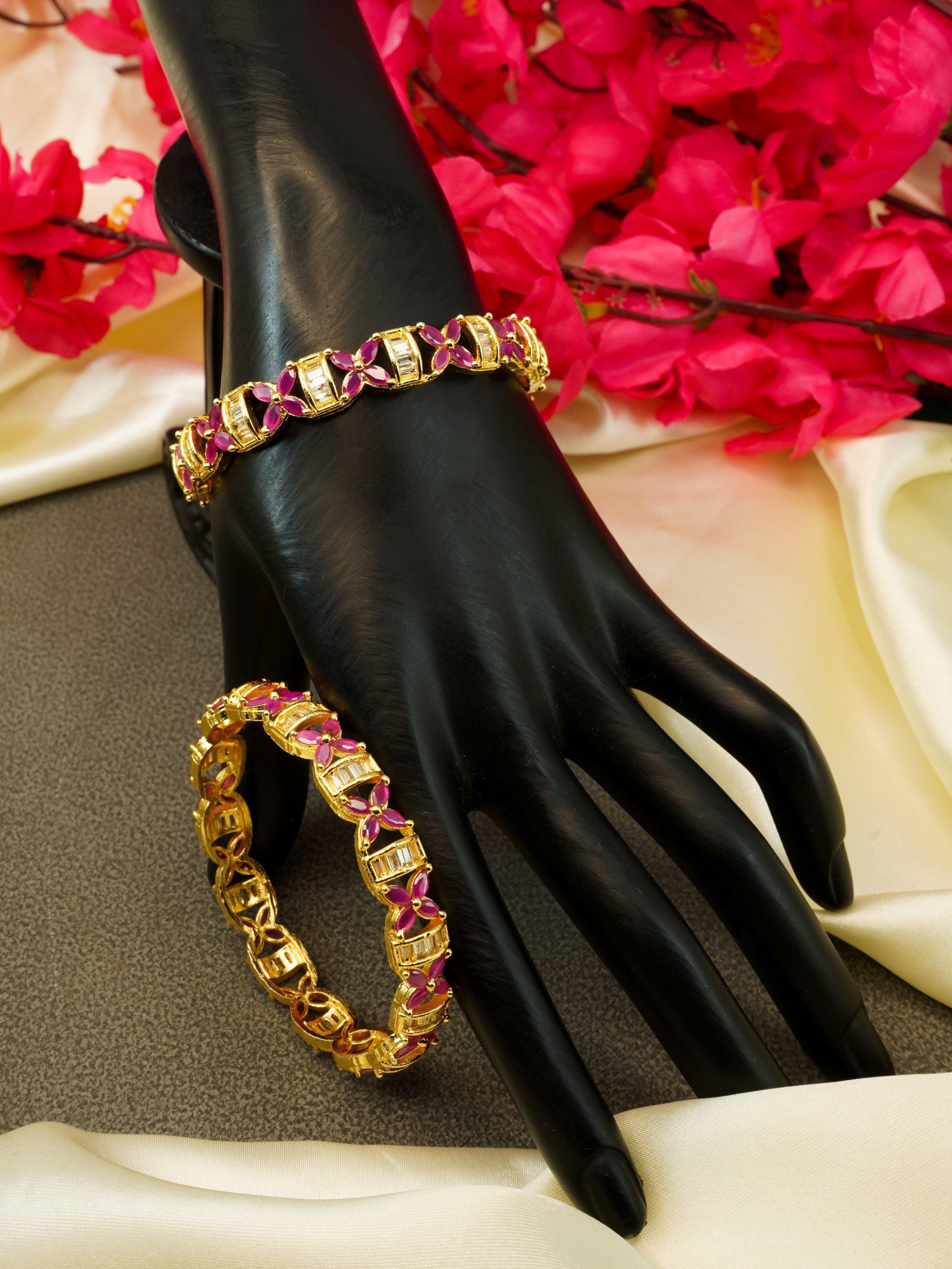 Gold Plated Set of 2 designer Bangles with CZ items 10314A - Griiham