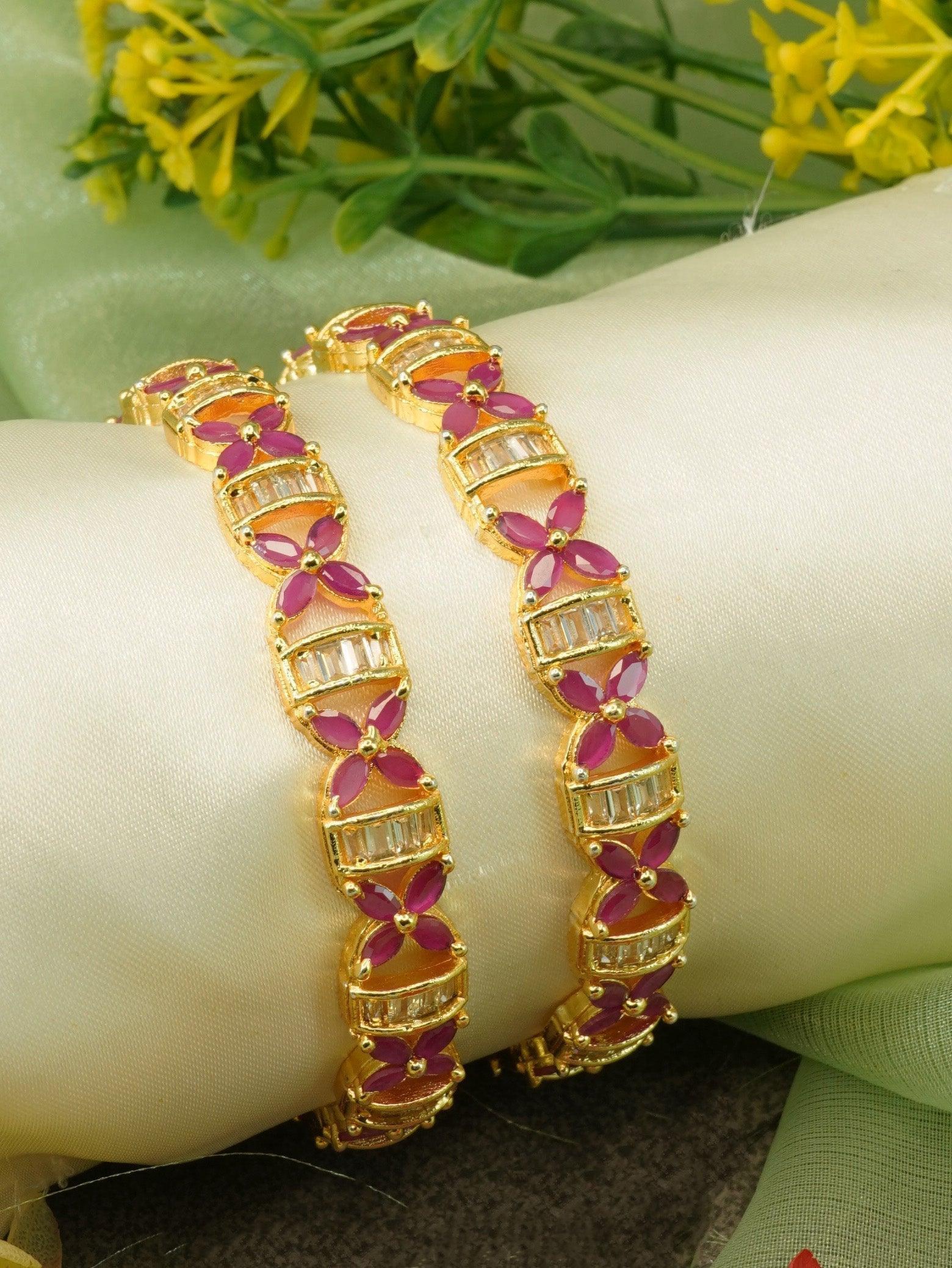 Gold Plated Set of 2 designer Bangles with CZ items 10314A - Griiham