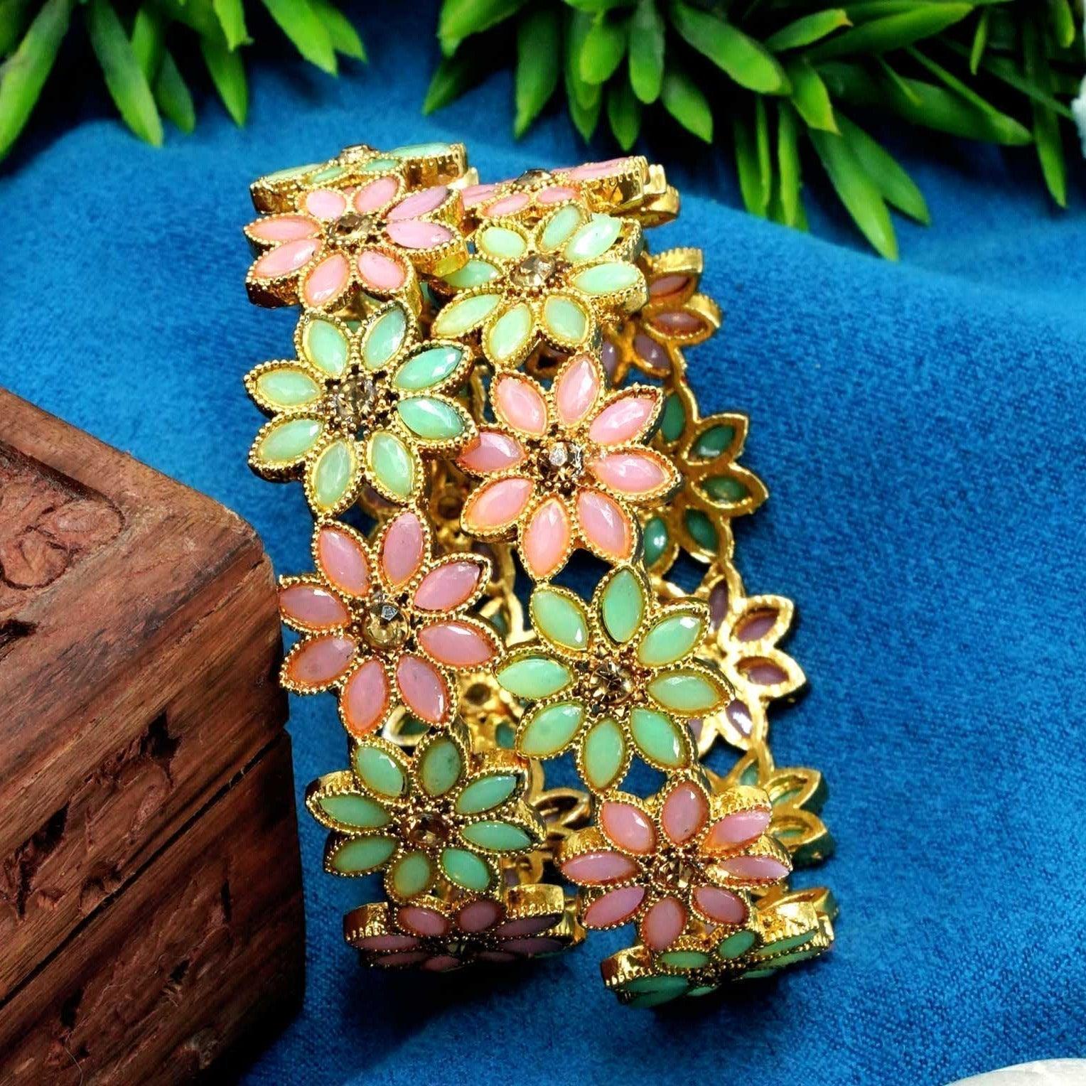 Gold Plated Set of 2 designer Bangles with Mint Green and Mint Pink Color 9321B - Griiham