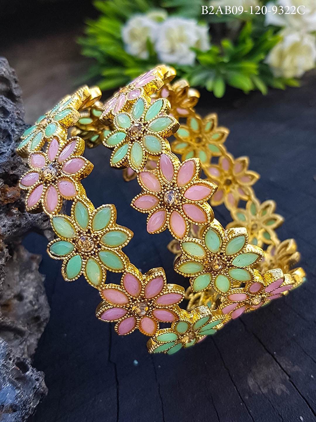 Gold Plated Set of 2 designer Bangles with Mint Green and Mint Pink Color 9321B - Griiham