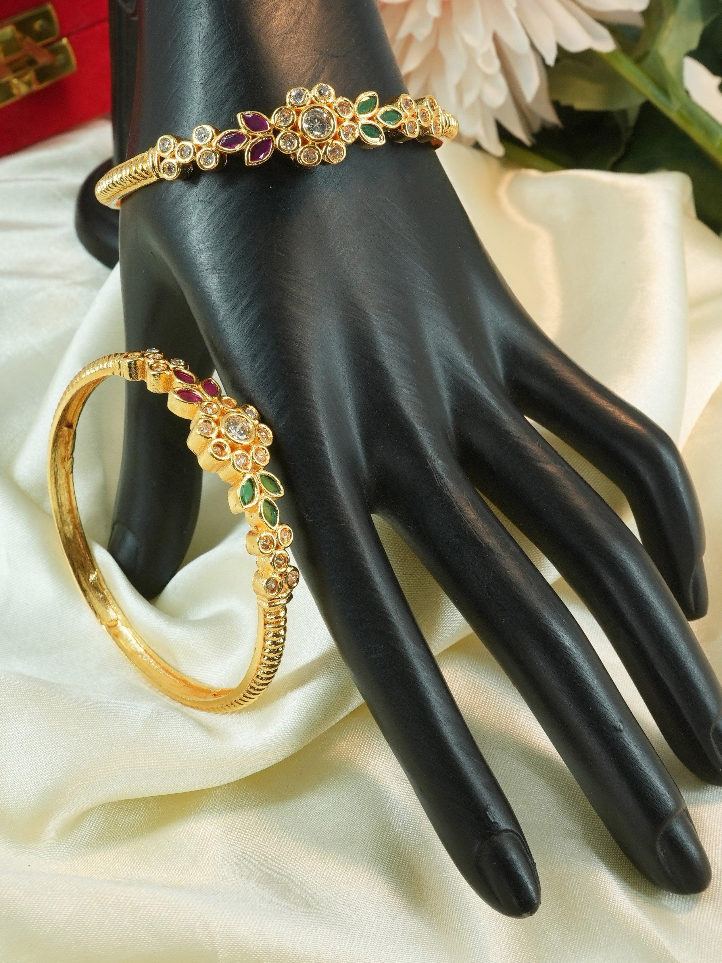 Gold Plated Set of 2 designer Bangles with Multicolor stones 11519A - Griiham