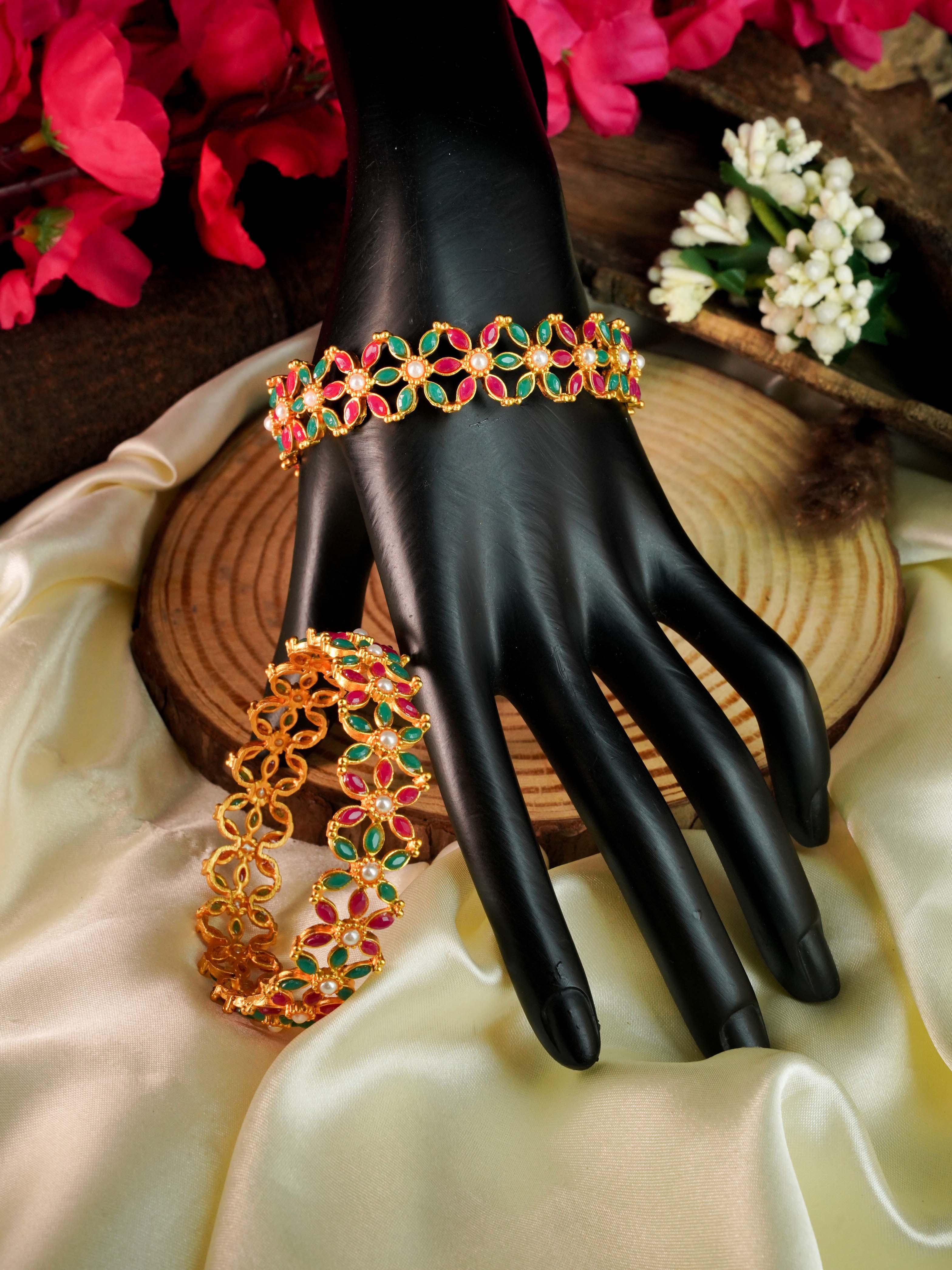 Gold Plated Set of 2 designer Bangles with Red green stones and pearl 7770C - Griiham