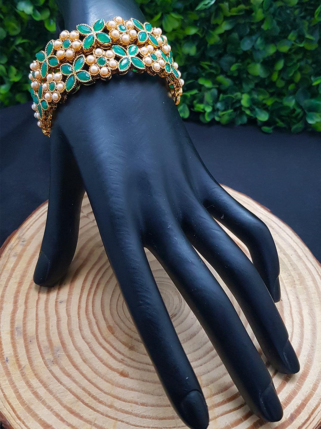 Gold Plated Set of 2 designer Bangles with Red green stones and pearl 7831A-Designer Bangles-Griiham-2.4-Griiham