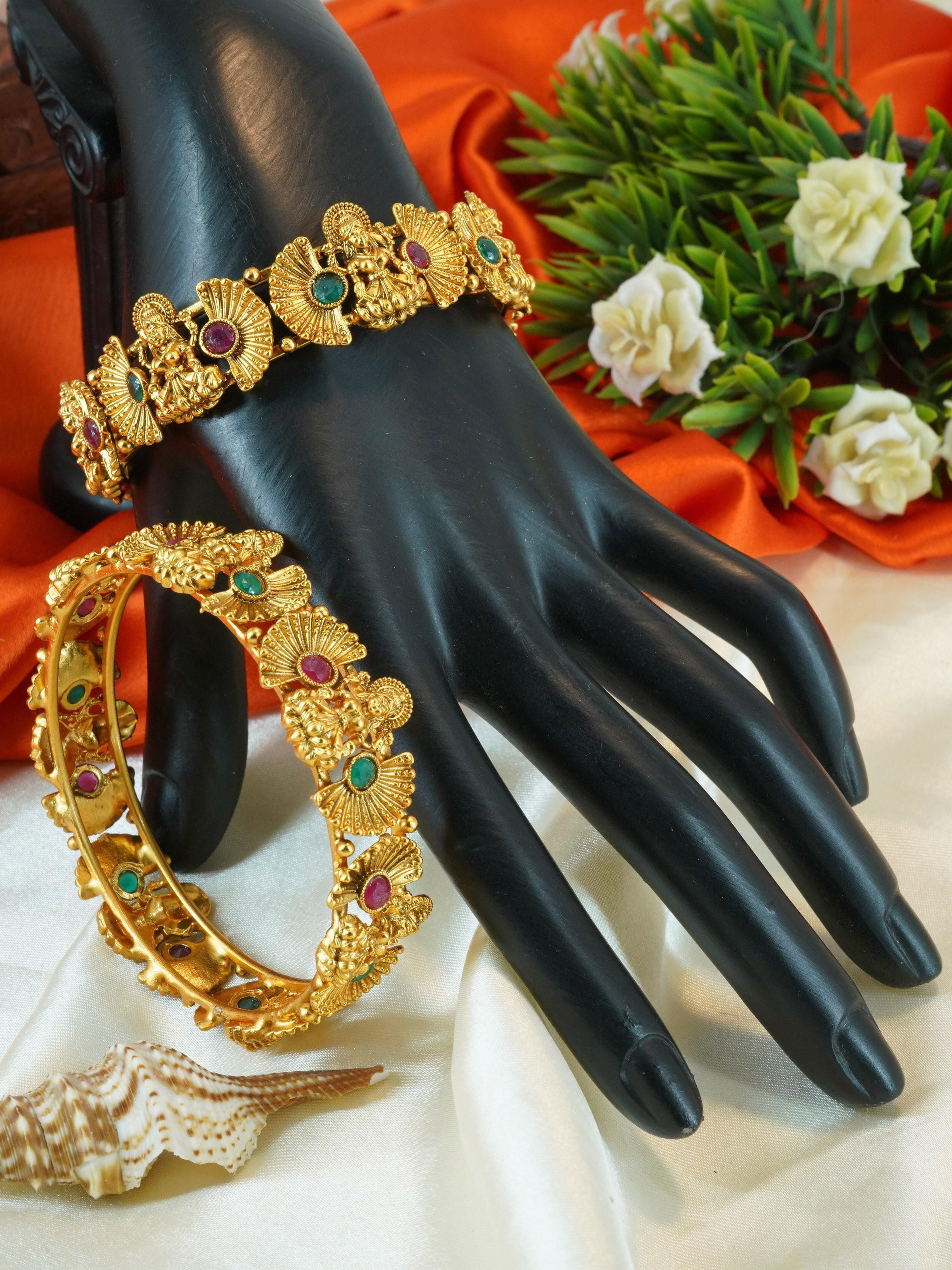 Gold Plated Set of 2 designer Bangles with multicolor stones 11136B - Griiham