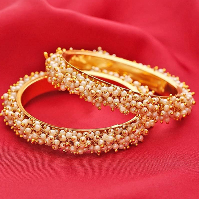 Gold Plated Set of 2 designer Bangles with pearl 8193A-Designer Bangles-Griiham-2.4-Griiham