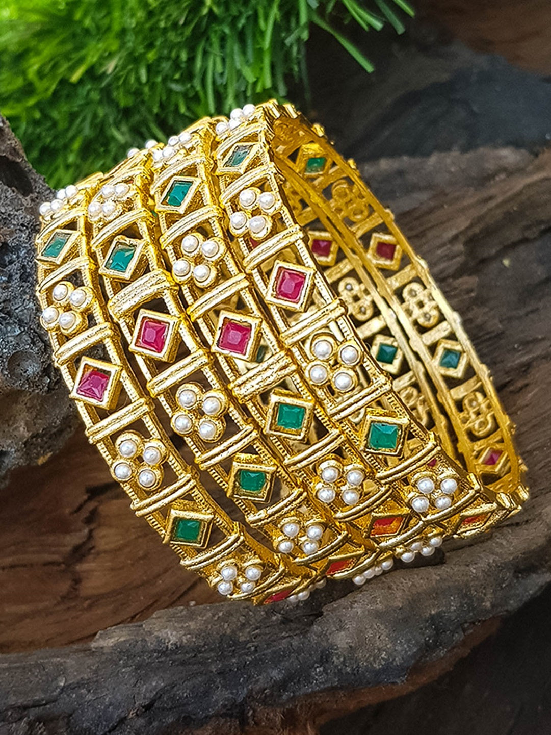 Gold Plated Set of 4 Bangles with Stones Studded 13351A