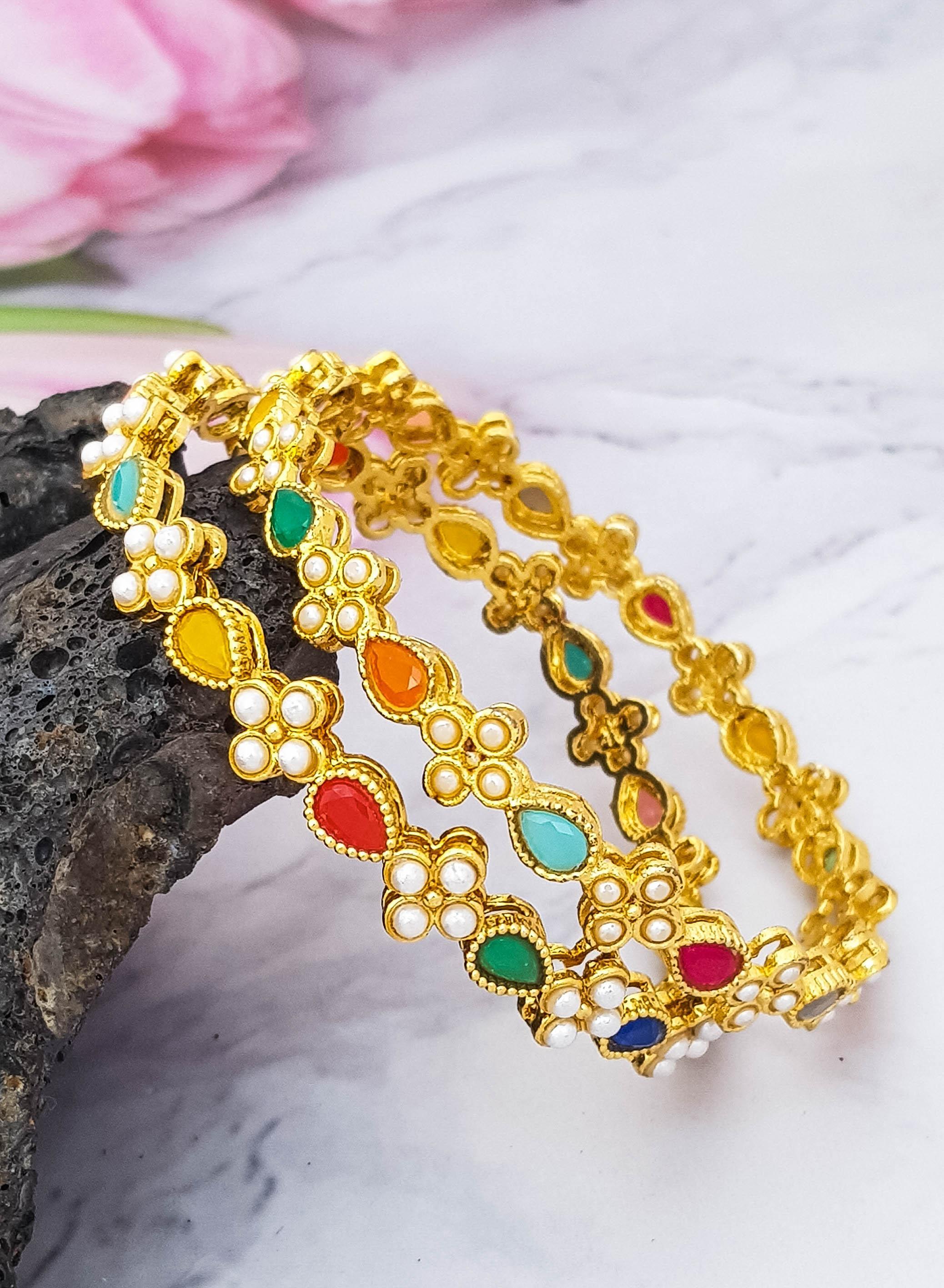 Gold Plated Set of 4 Bangles with colourful stones 18417N - Griiham