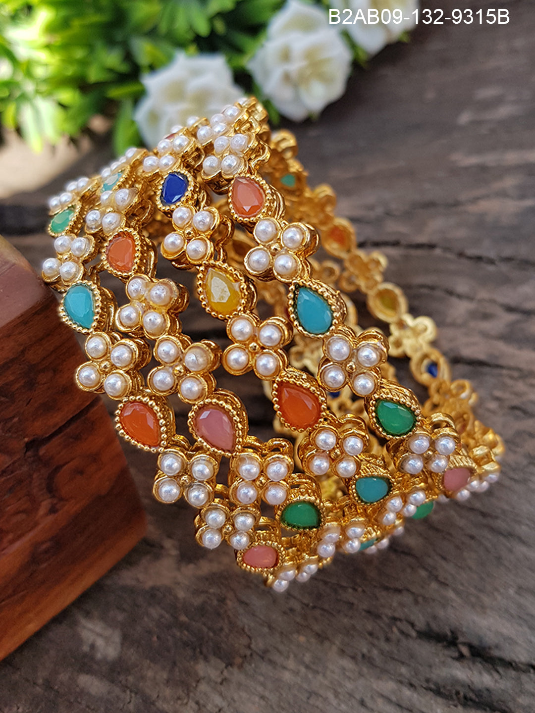 Gold Plated Set of 4designer Bangles with Multicolor stones  9316C