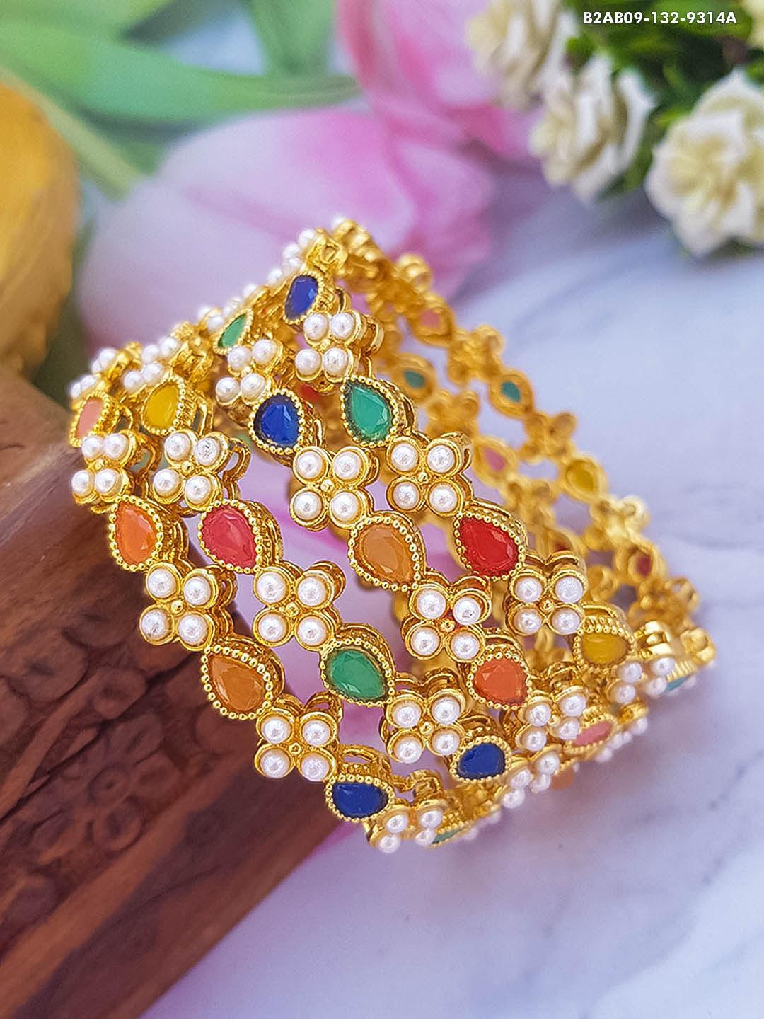 Gold Plated Set of 4designer Bangles with Multicolor stones 9316C - Griiham