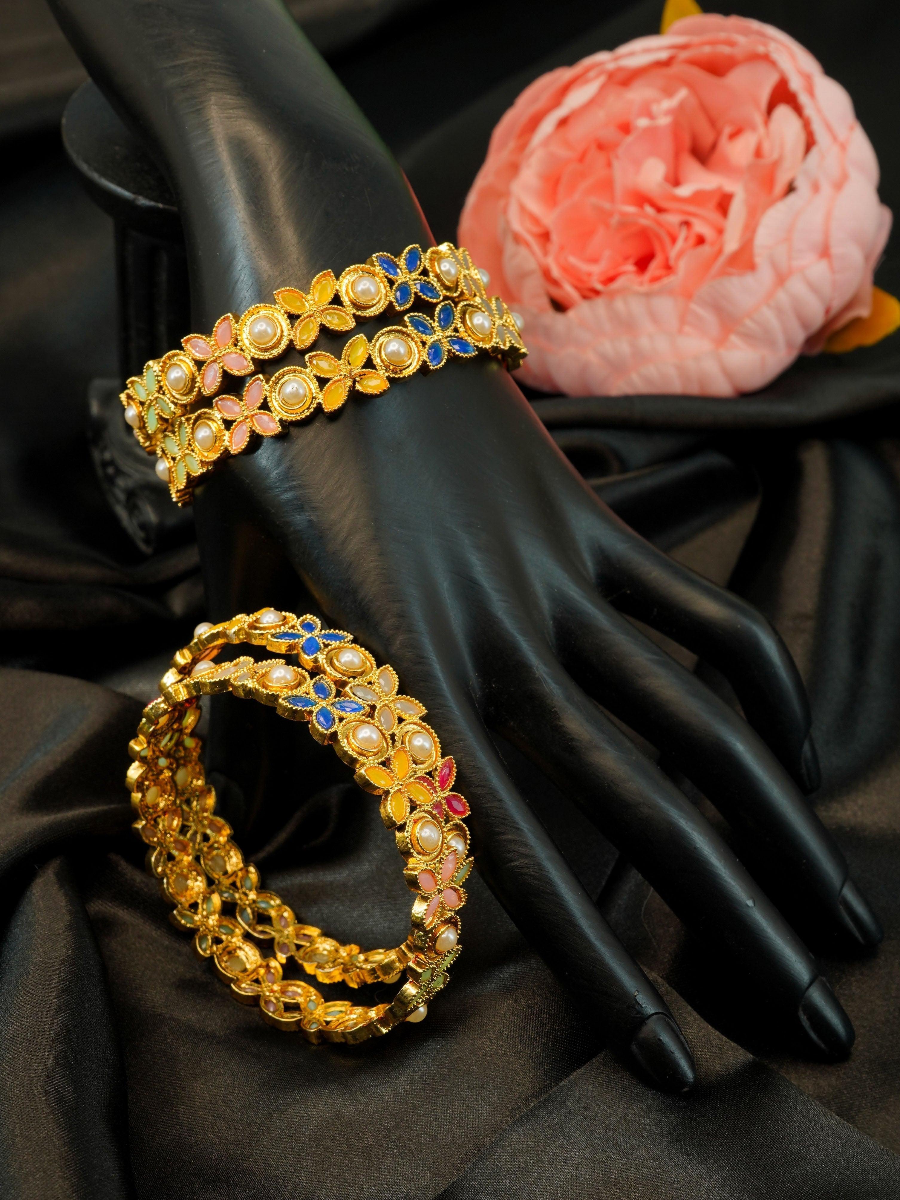 Gold Plated Set of4 designer Bangles with colored stones 10293A - Griiham