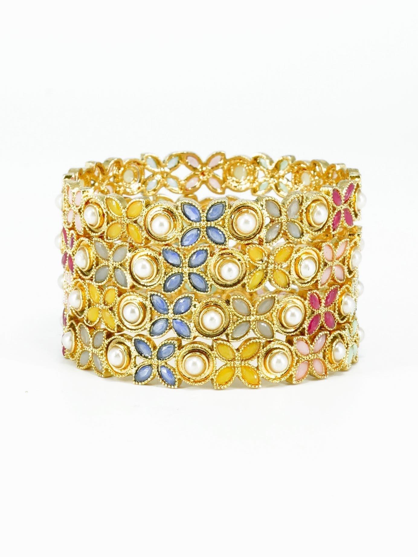 Gold Plated Set of4 designer Bangles with colored stones 10293A - Griiham