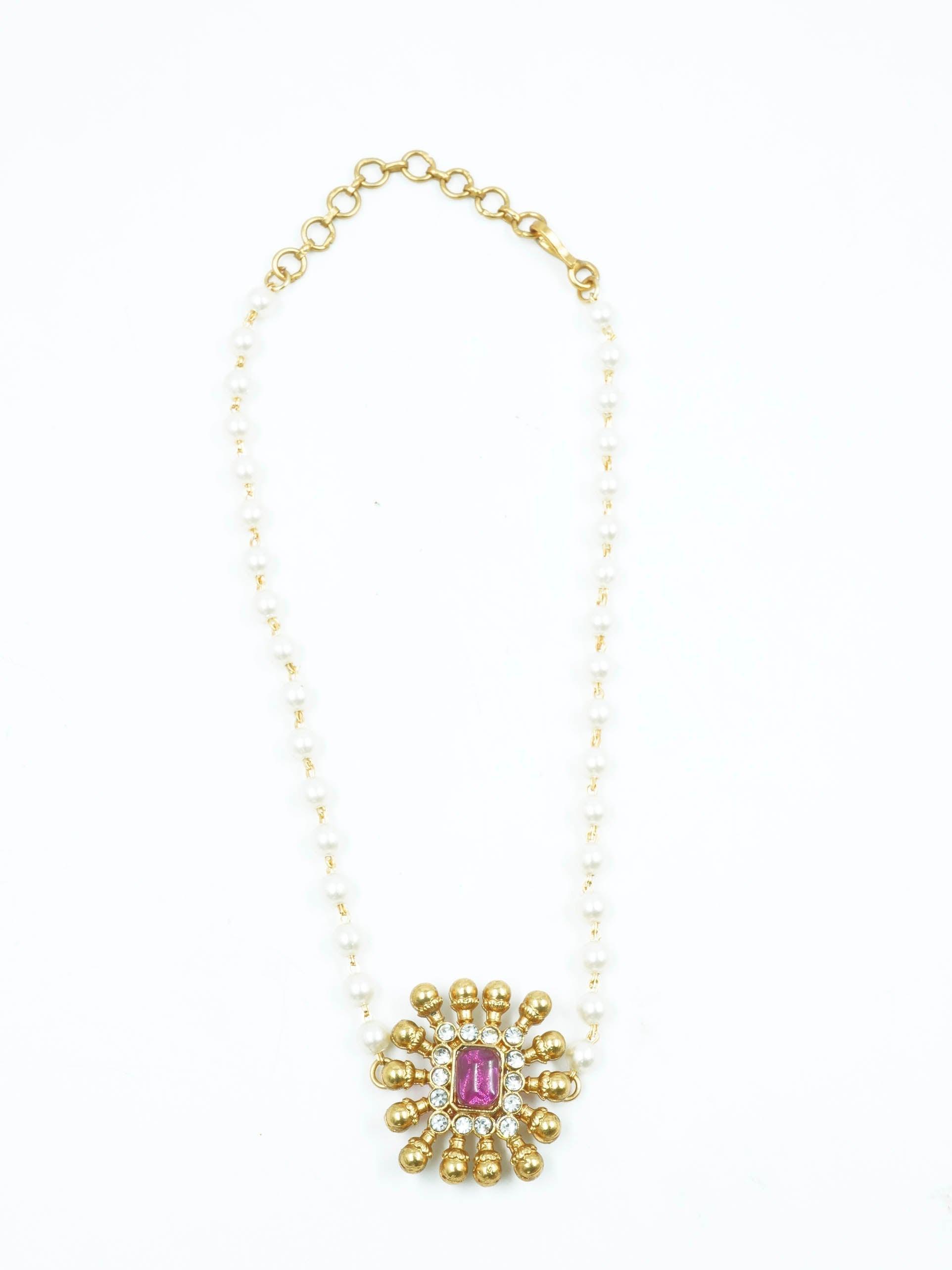 Gold Plated Simple All occasions Necklace Set with red and white stones 11910N - Griiham