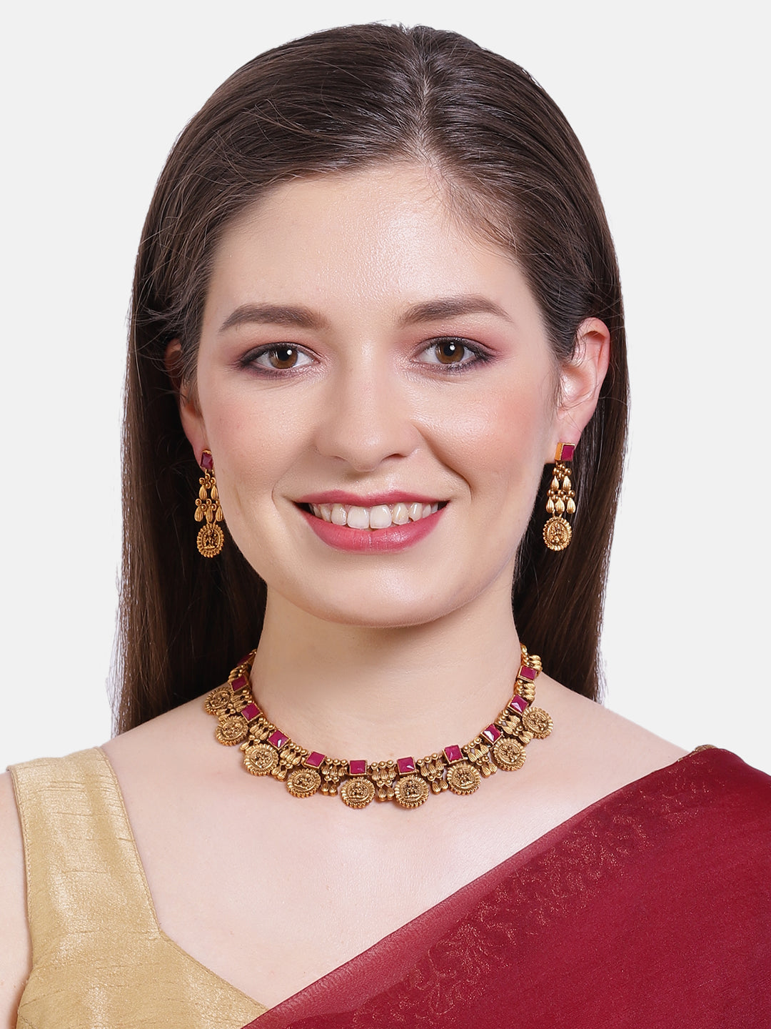 Gold Plated Special Laxmi Coin Necklace Set with Square Stones 6645N