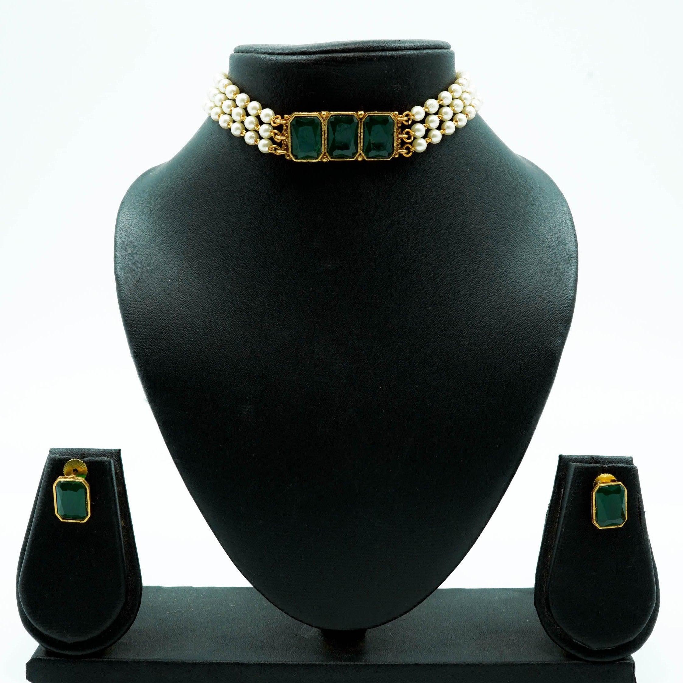Gold Plated Stone Chic Necklace set with Pearl String 10466N - Griiham