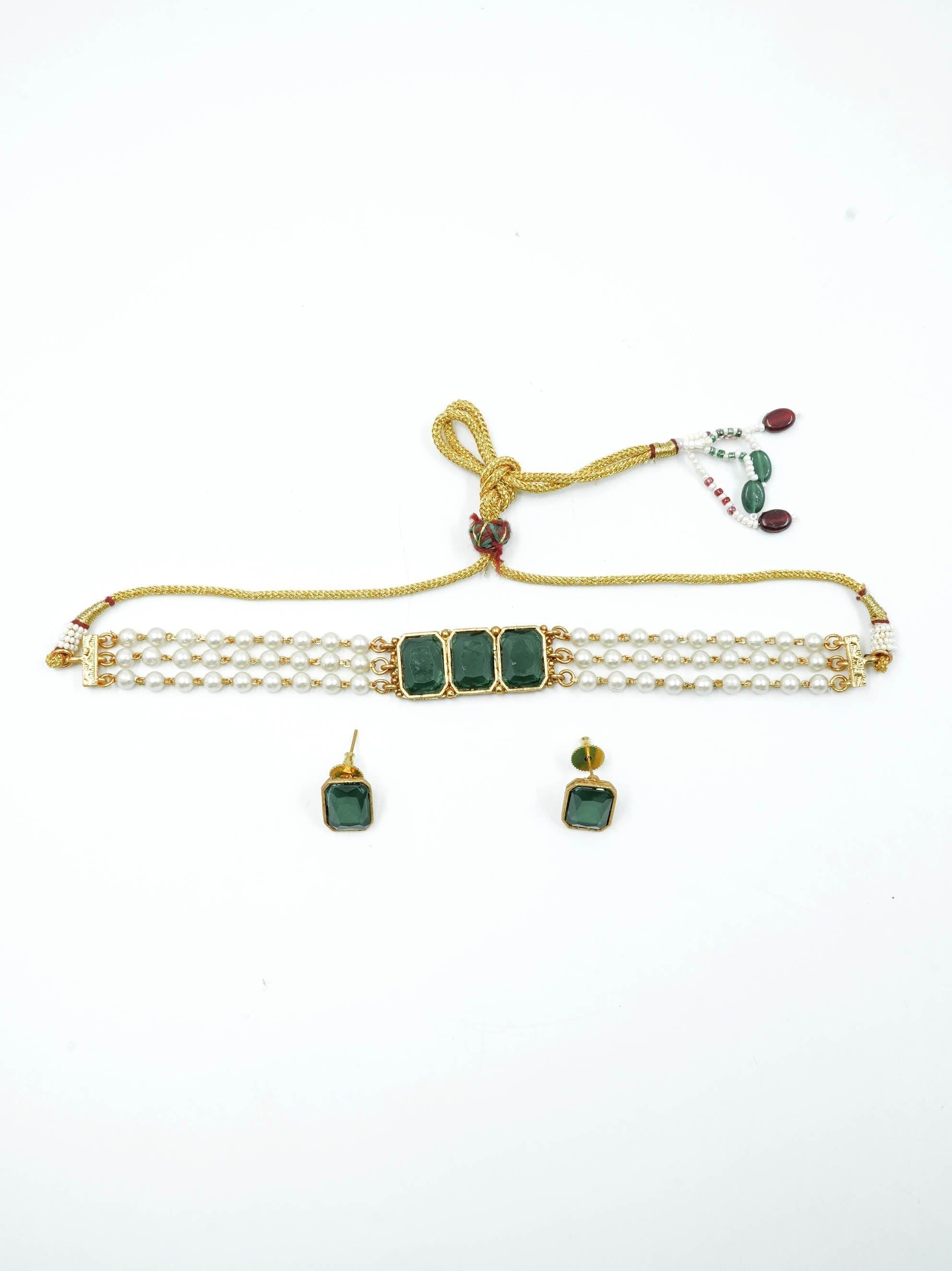 Gold Plated Stone Chic Necklace set with Pearl String 10466N - Griiham