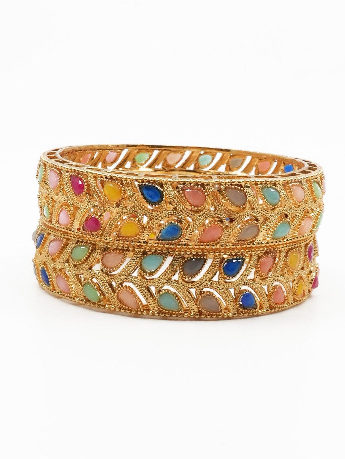 Gold Plated Studded Set of 2 broad bangles - Griiham