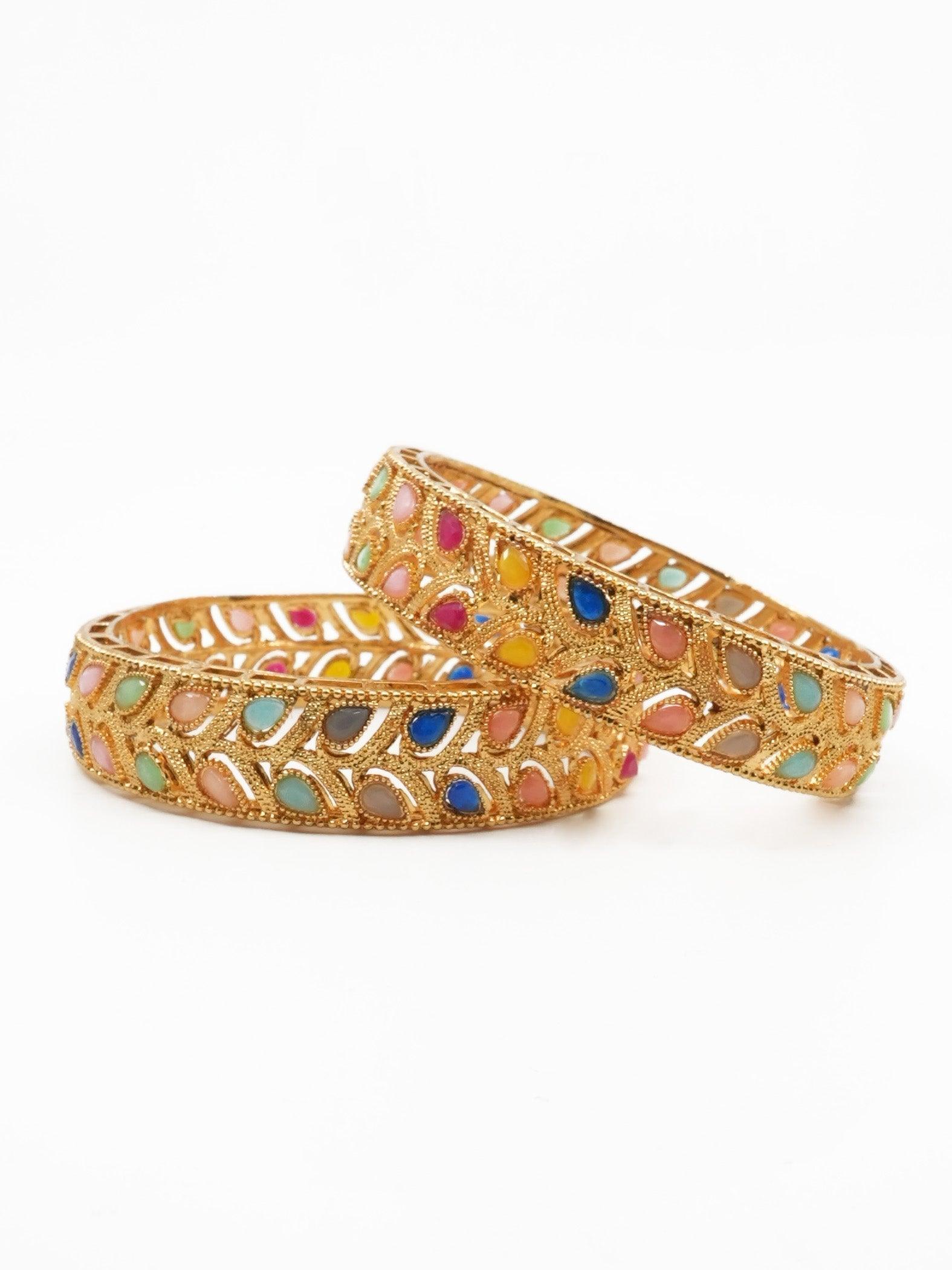 Gold Plated Studded Set of 2 broad bangles - Griiham