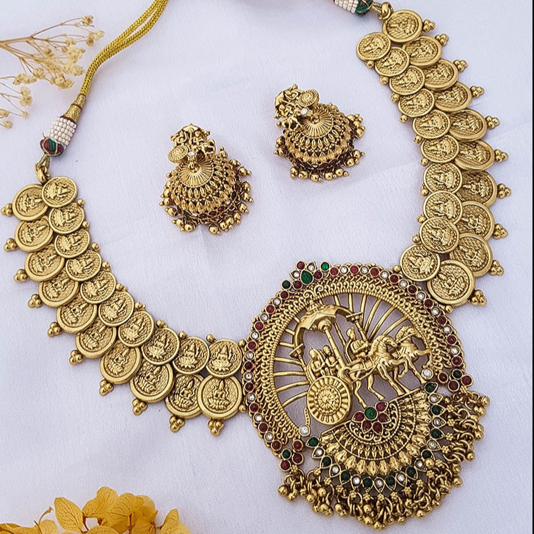 Gold Plated Temple Necklace Set with Multi Color Stones 12921N