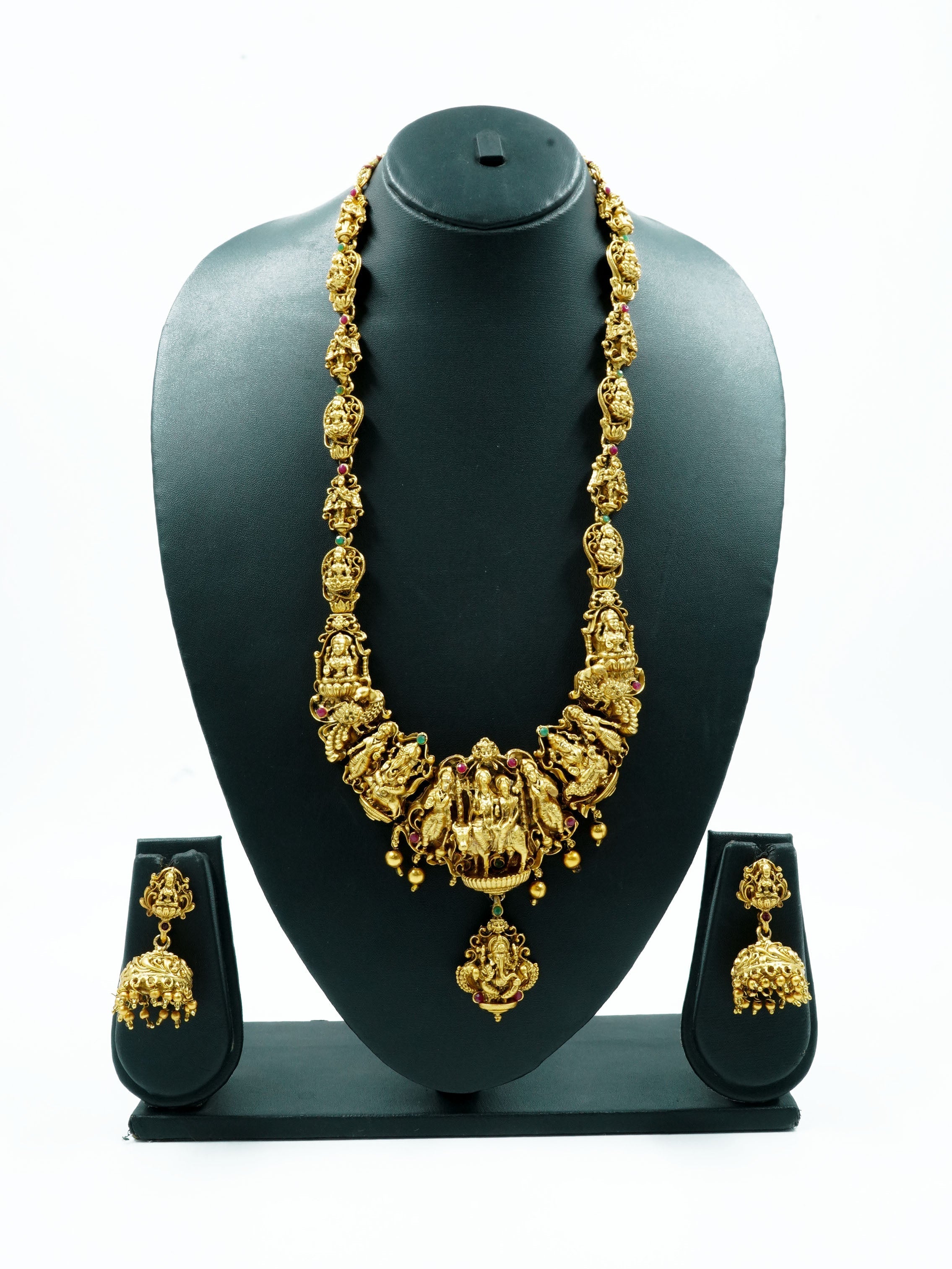 Gold Plated Temple Necklace Set with Multi Color Stones 13054N