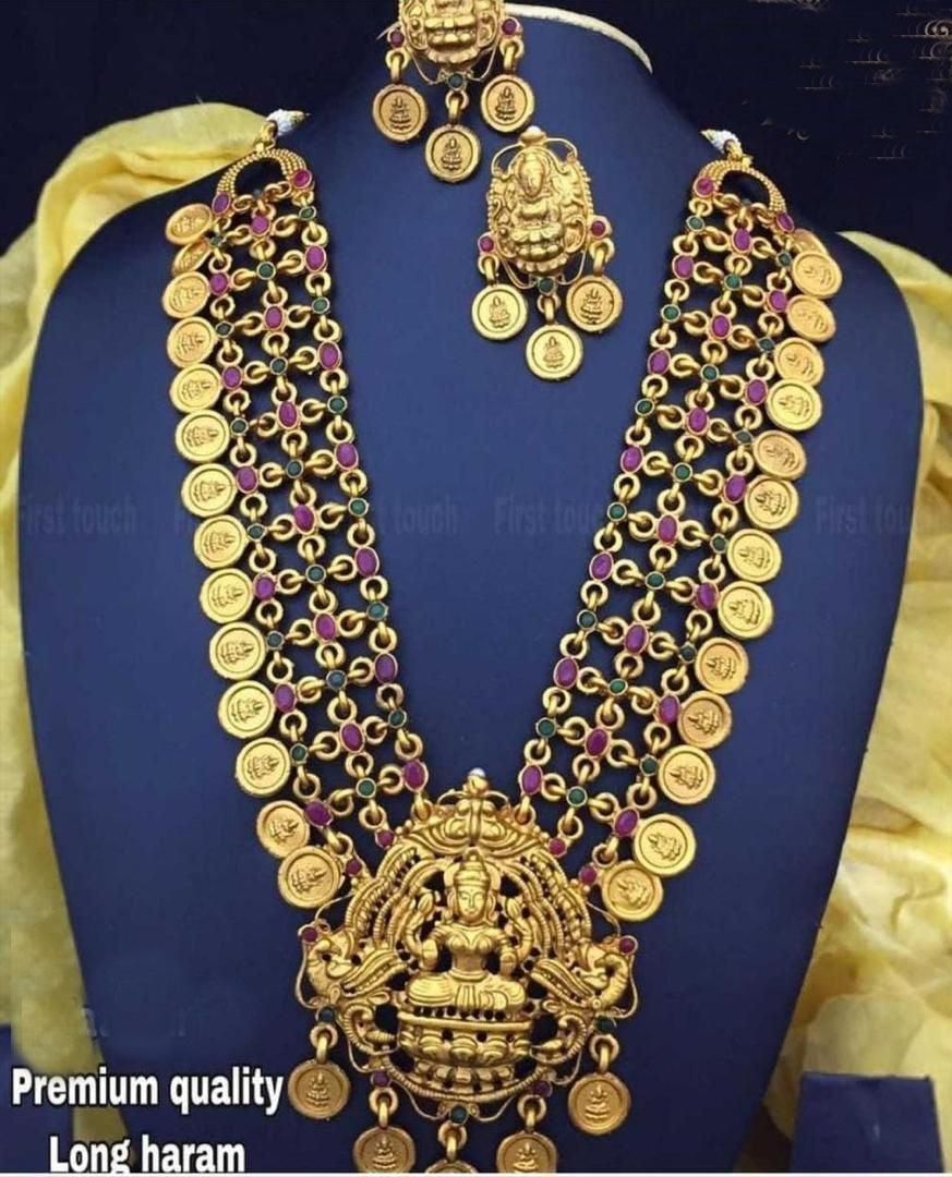 Gold Plated Temple Necklace Set with Multi Color Stones 13056N - Griiham