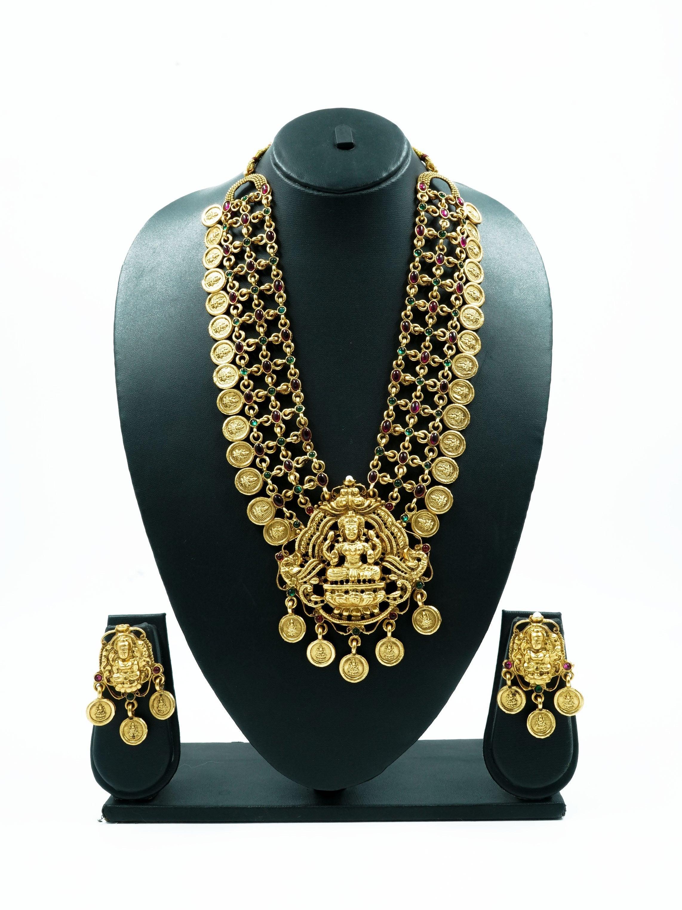 Gold Plated Temple Necklace Set with Multi Color Stones 13056N - Griiham