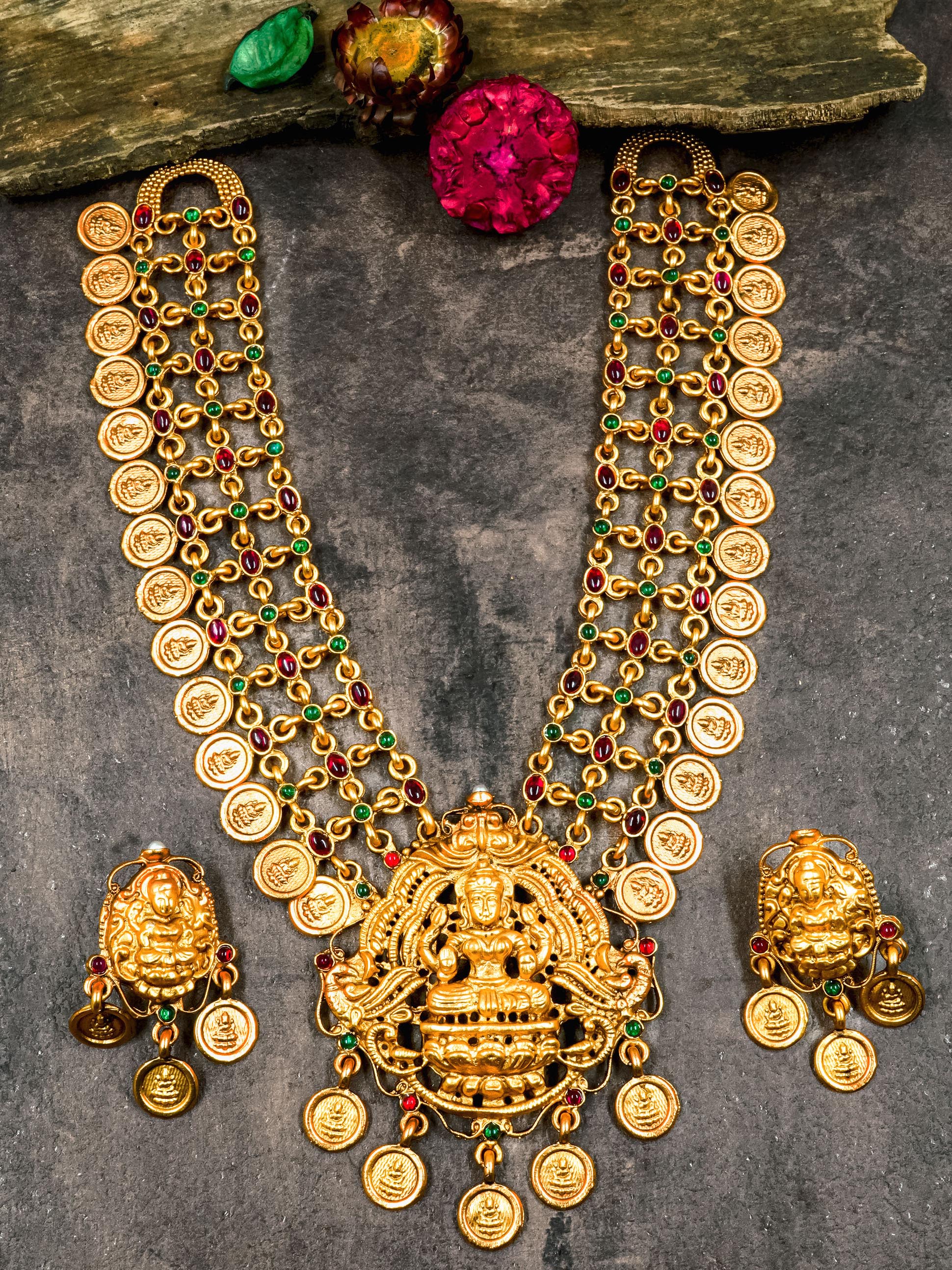 Gold Plated Temple Necklace Set with Multi Color Stones 13056N