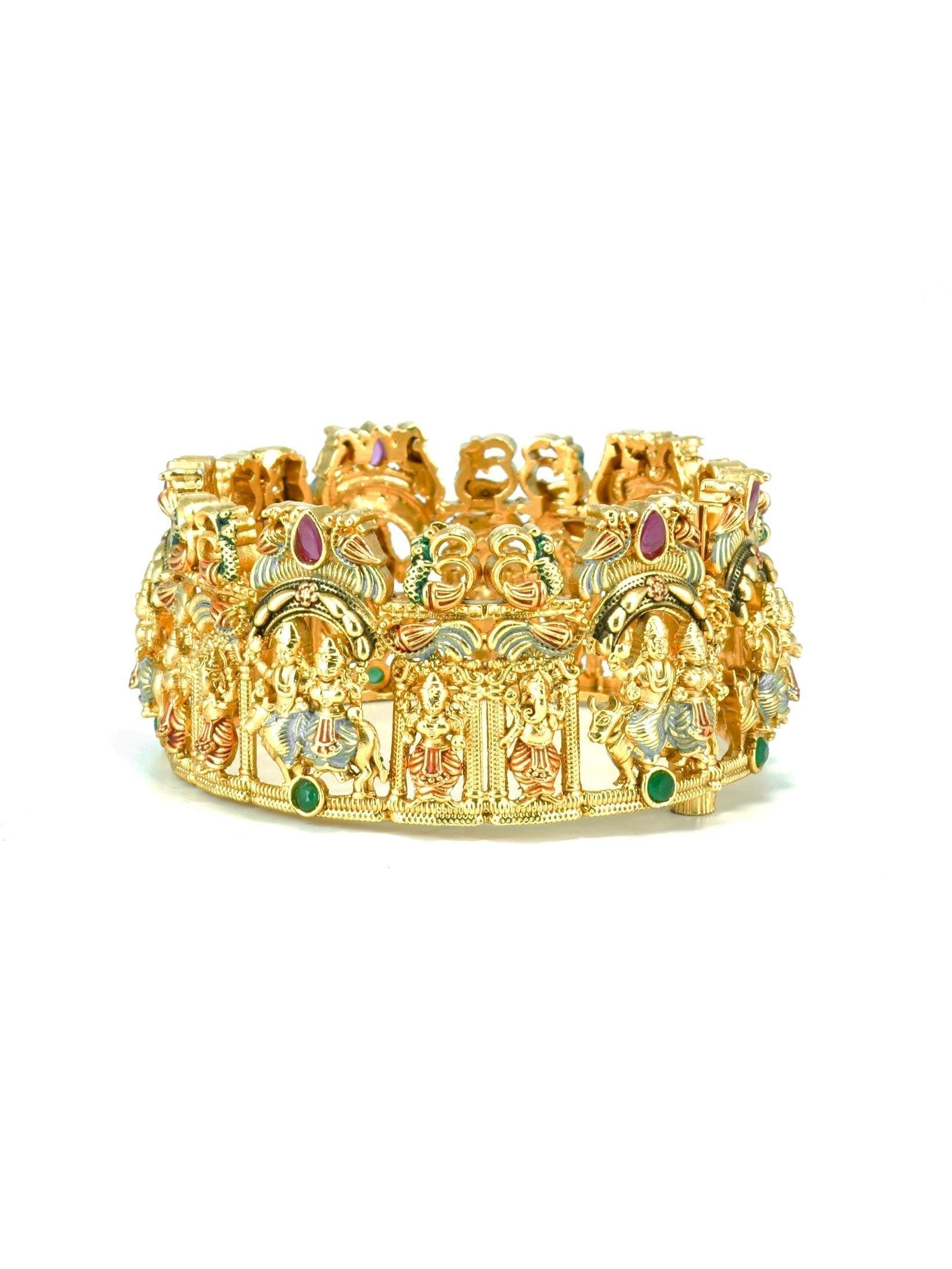 Gold Plated adjustable Rajwadi Kada Bangle with Kemp Stones with screw - Griiham