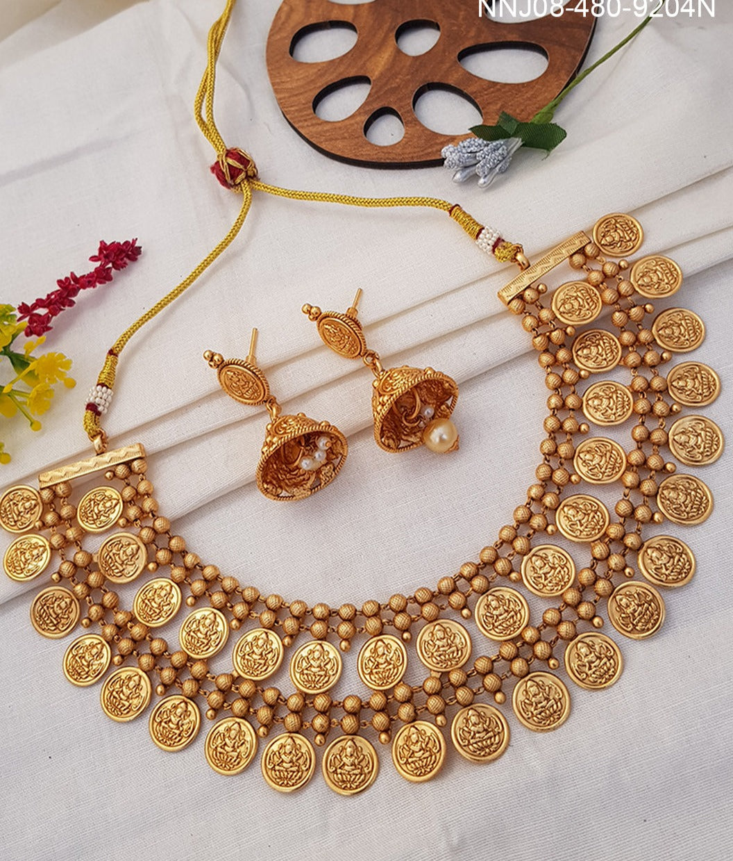 Gold Plated coin pattern 2 layer Designer Necklace with Laxmi 9204N
