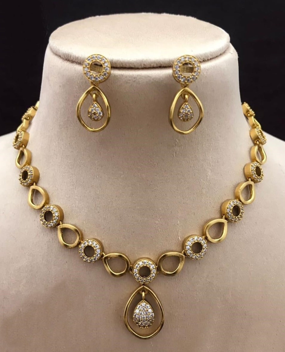 Gold Plated short Delicate CZ Necklace Set 14189N