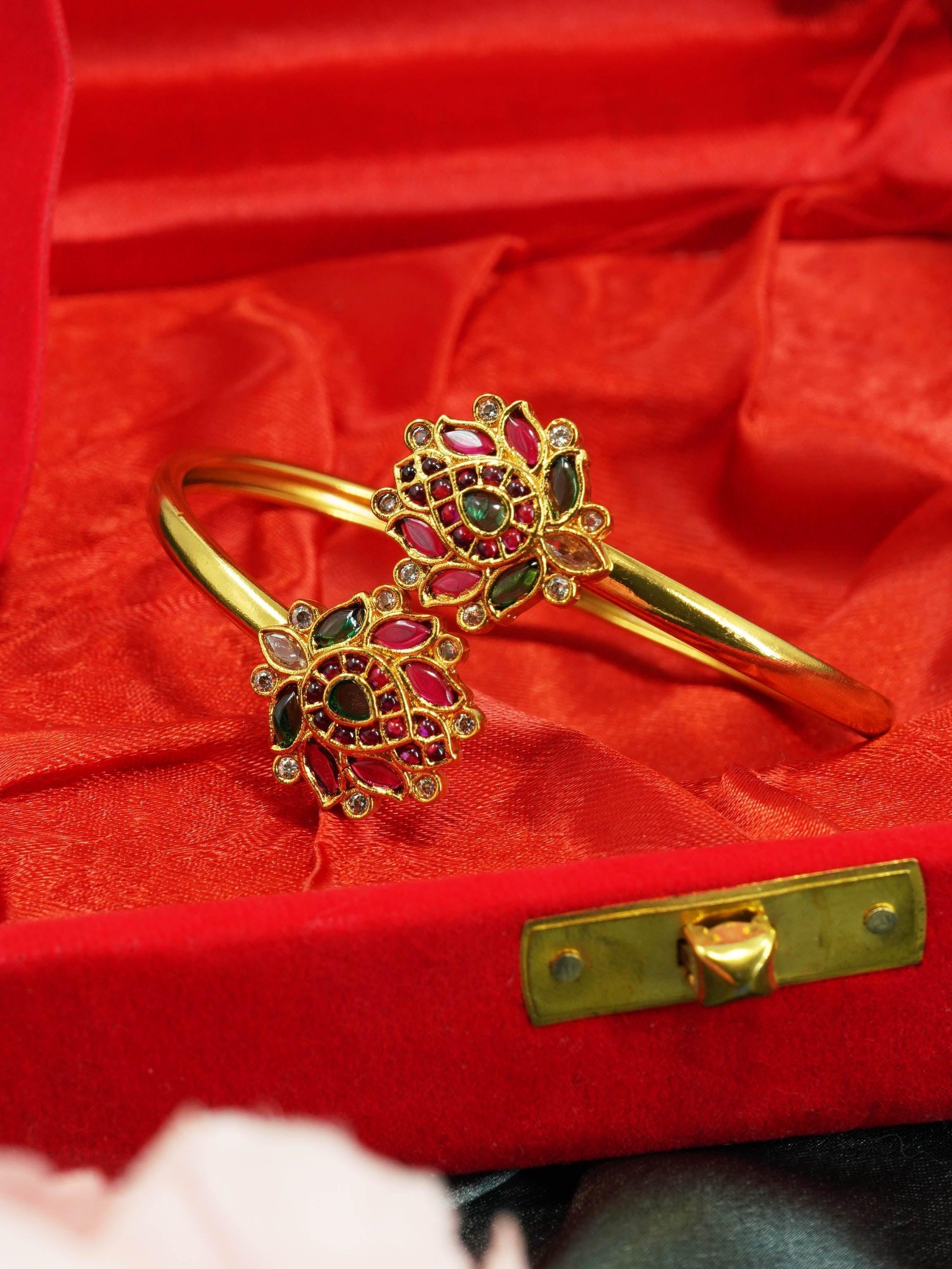 Gold Plated single adjustable spring designer Bangle/Kada Floral motif 10623N - Griiham