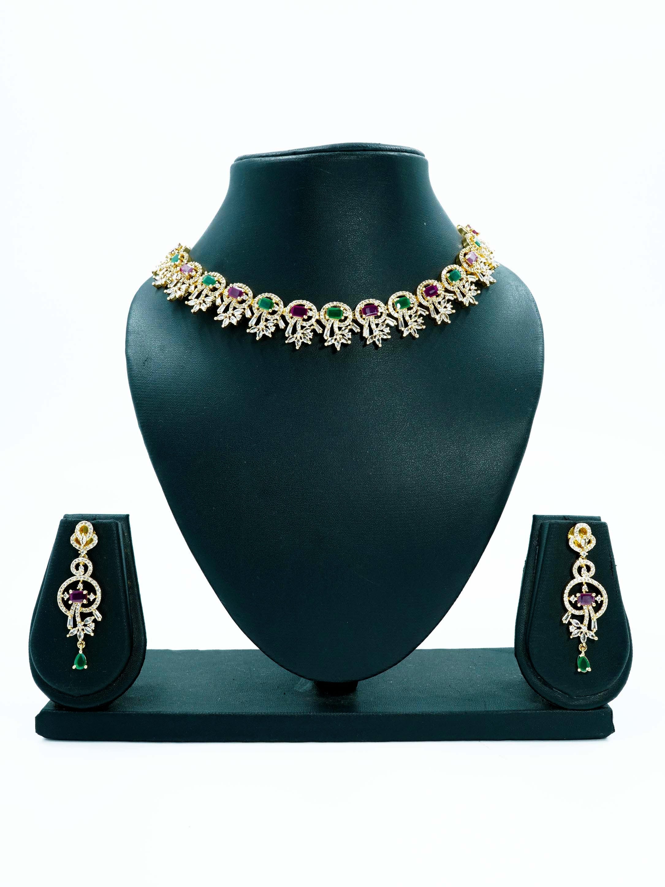 Gold finish Evergreen Trending designs Short AD necklace set  9076N-1