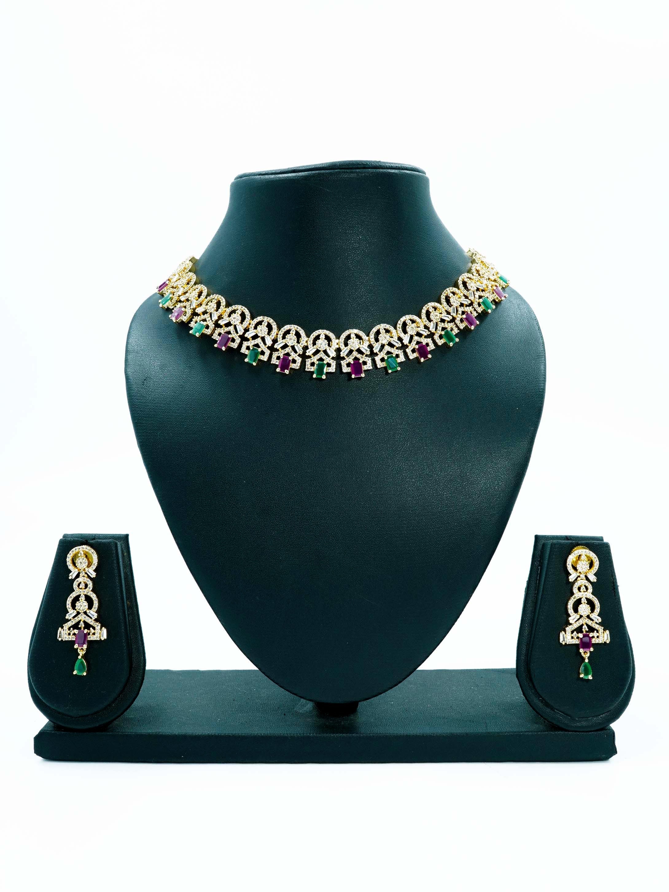 Gold finish Evergreen Trending designs Short AD necklace set  9085N-1